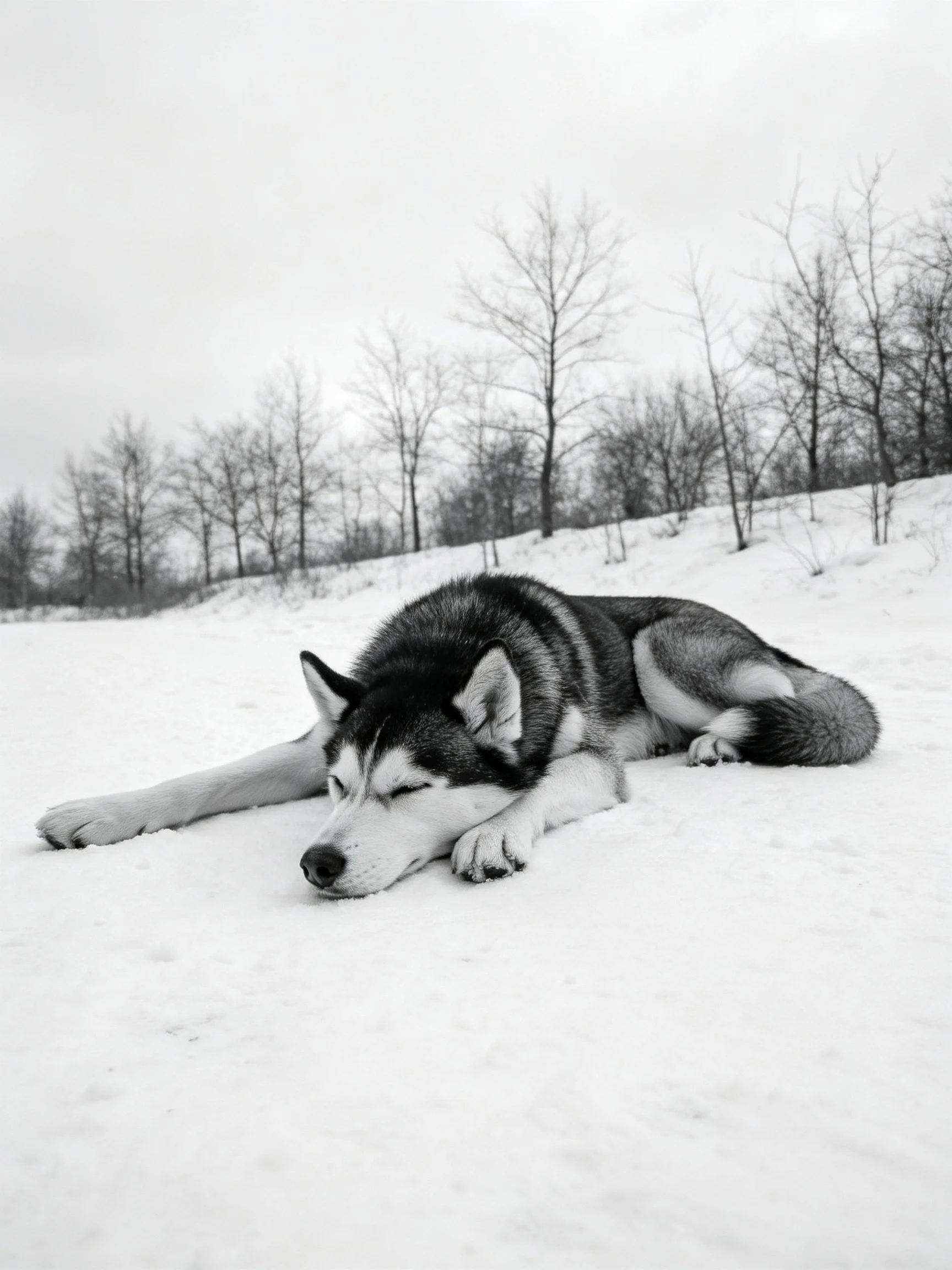 A black-and-white Siberian husky rests on snowy ground near bare trees