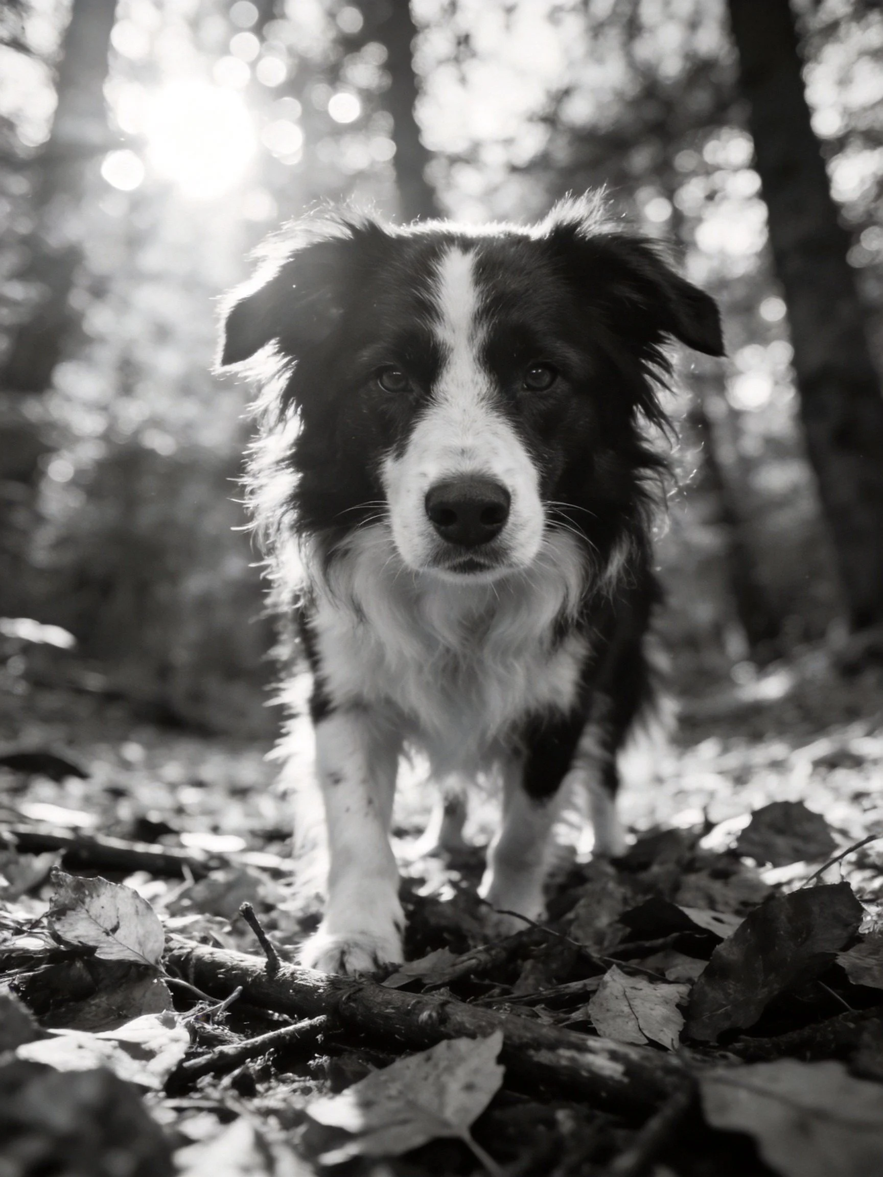A border collie stands among fallen leaves in a sunlit forest.