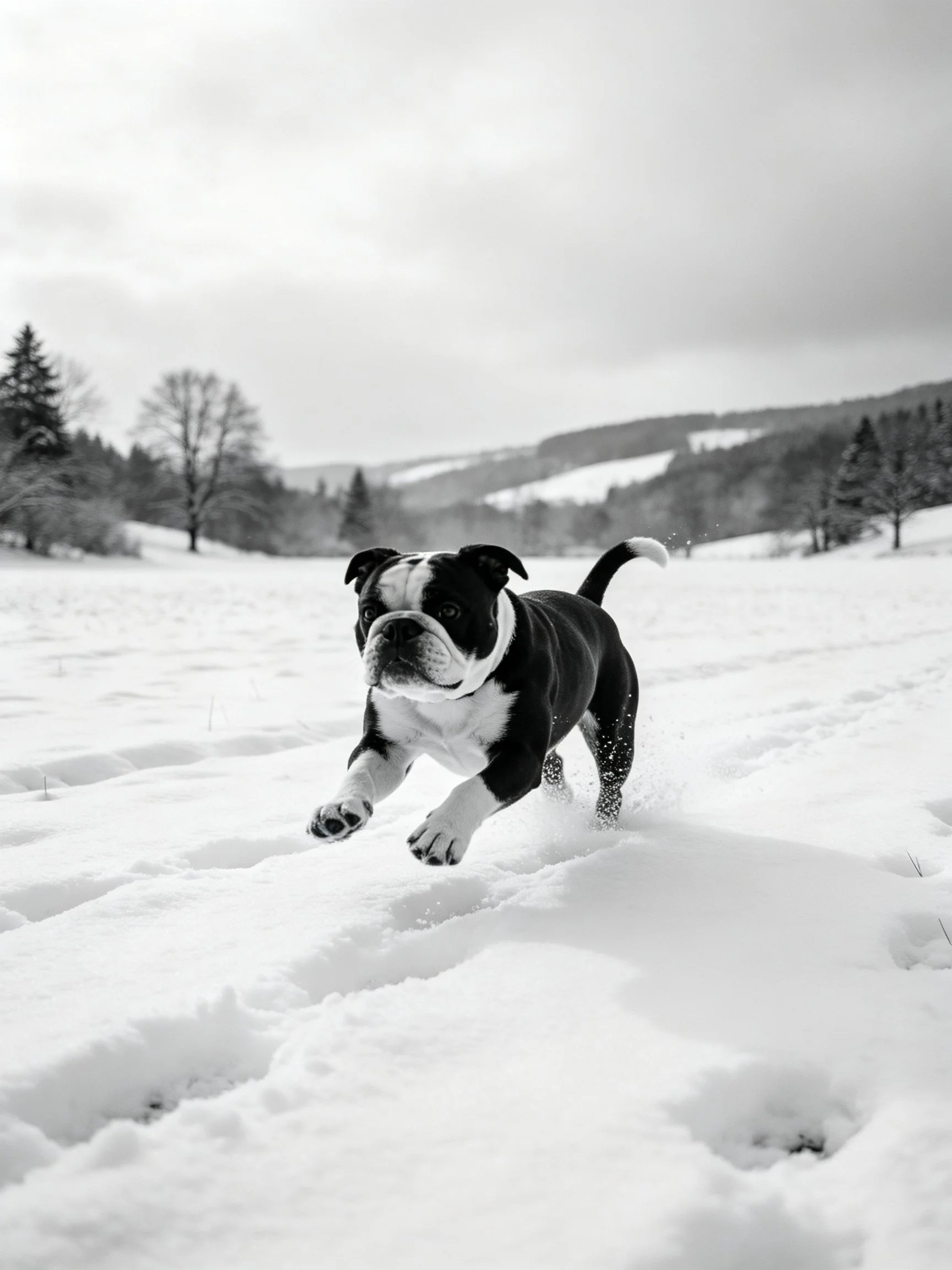 A black and white bulldog puppy runs through deep winter snow
