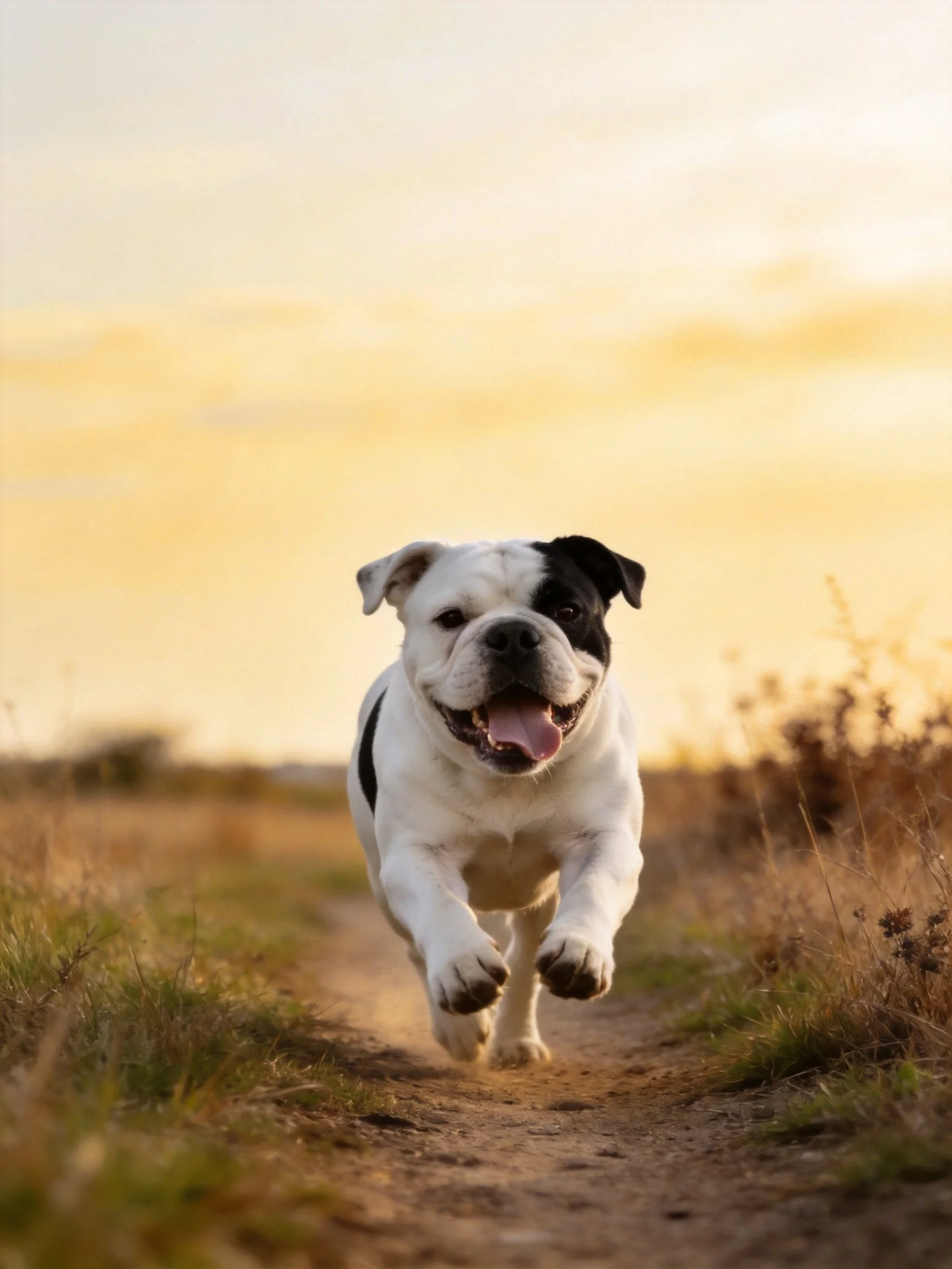A black-and-white bulldog joyfully runs toward the viewer on a dirt path during golden hour