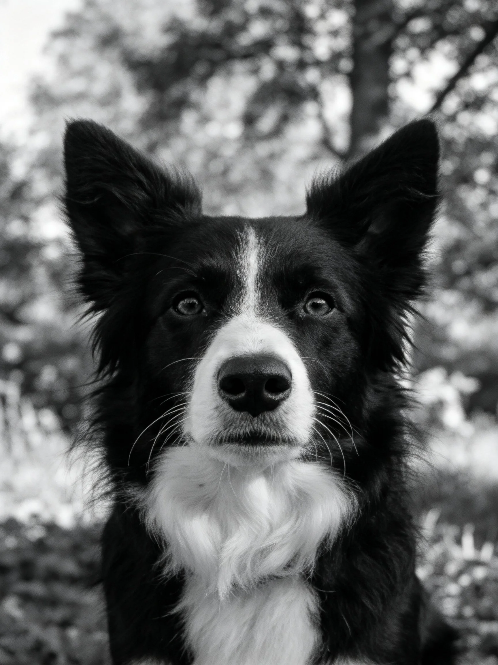 A black and white close - up showcases a Border Collie’s alert appearance.