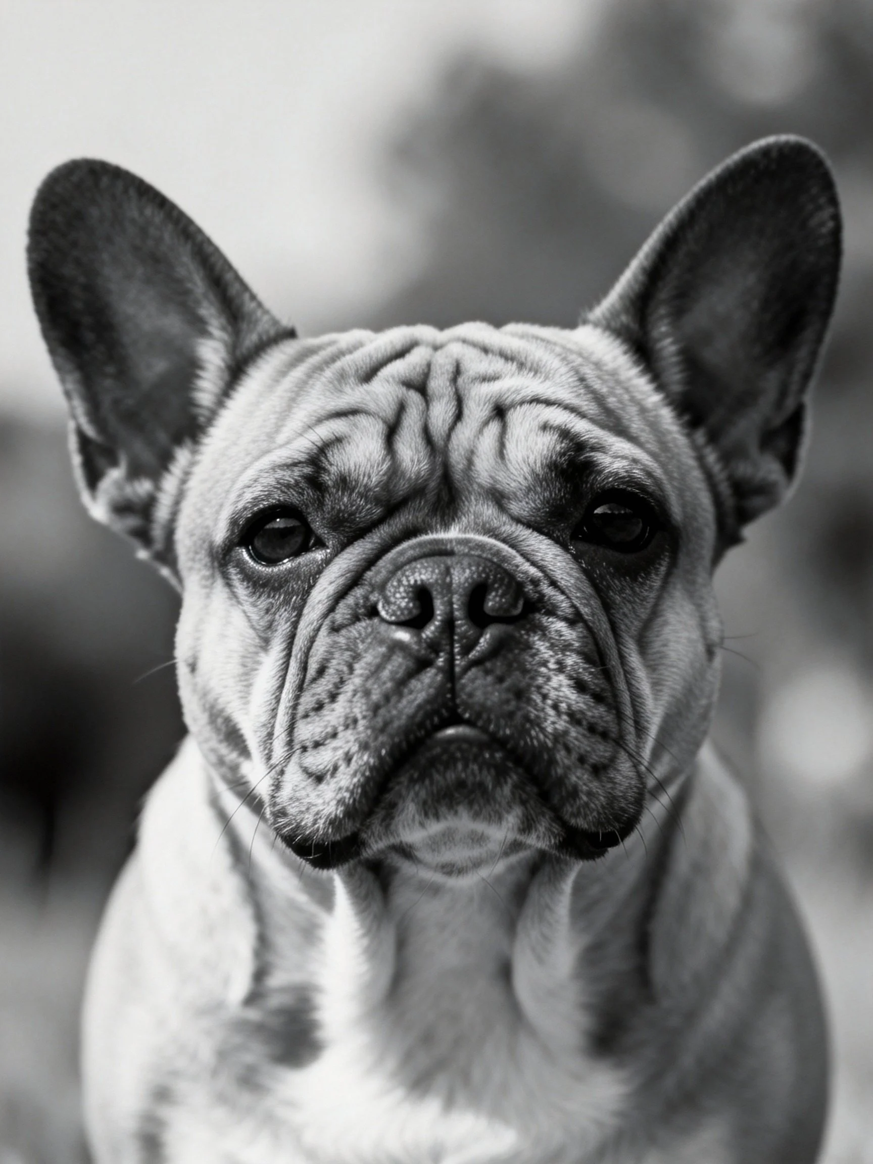 A black and white close - up of a French bulldog with prominent facial features