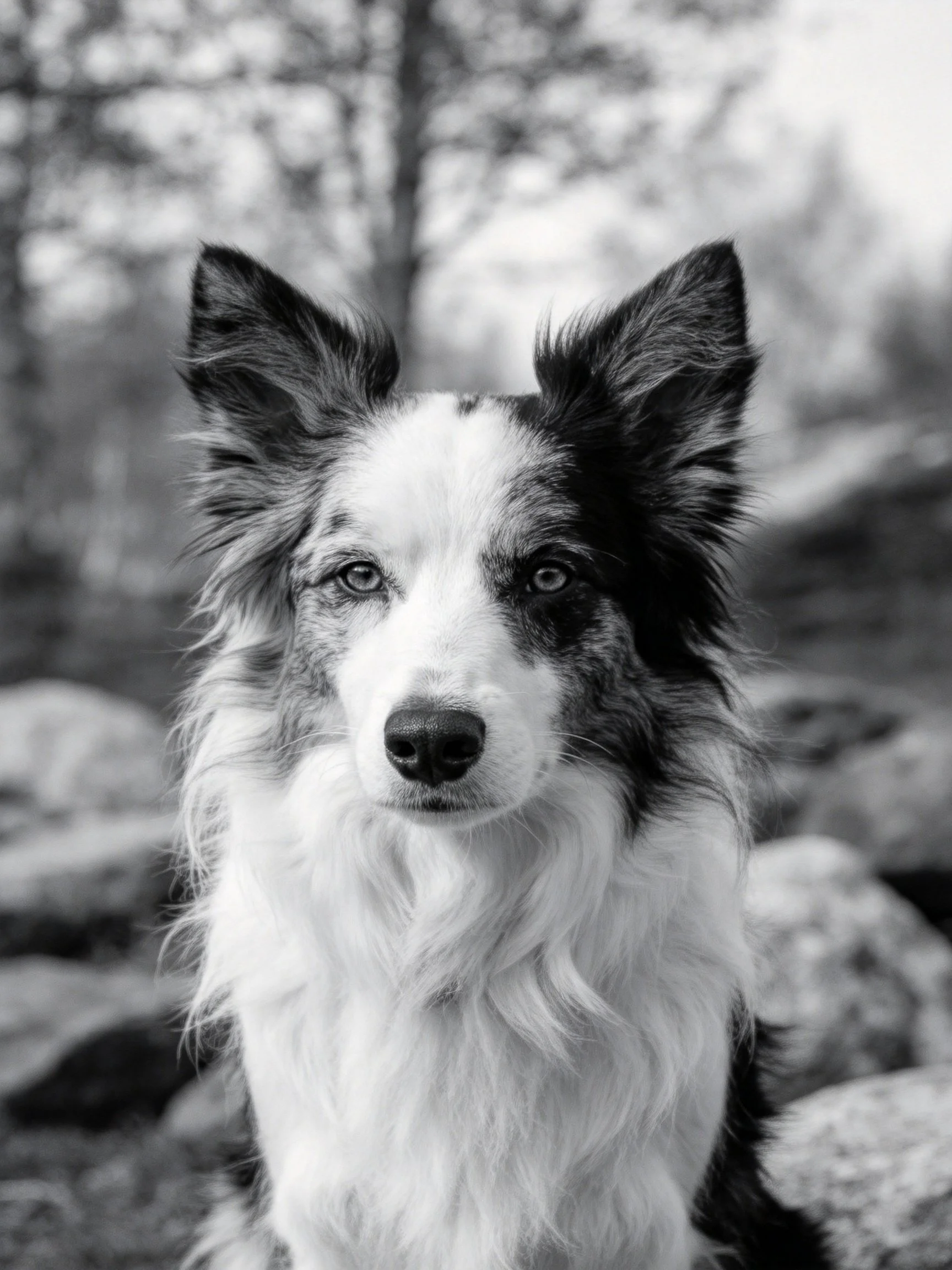 A black - and - white close - up features a border collie’s face.