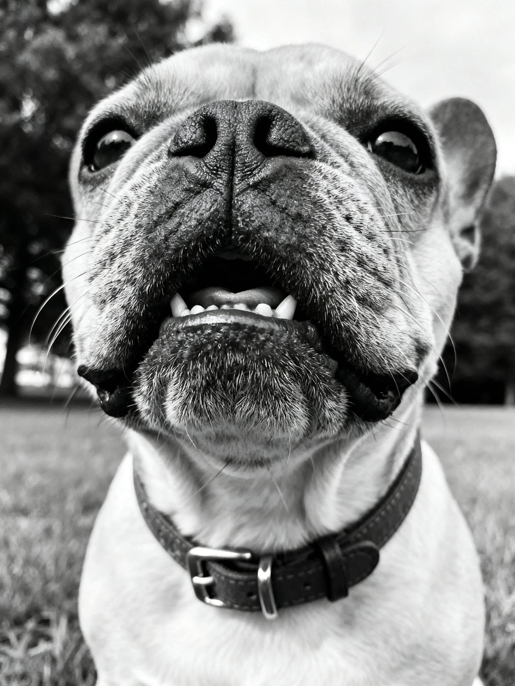 A black - and - white close - up of a bulldog’s expressive face with a leather collar