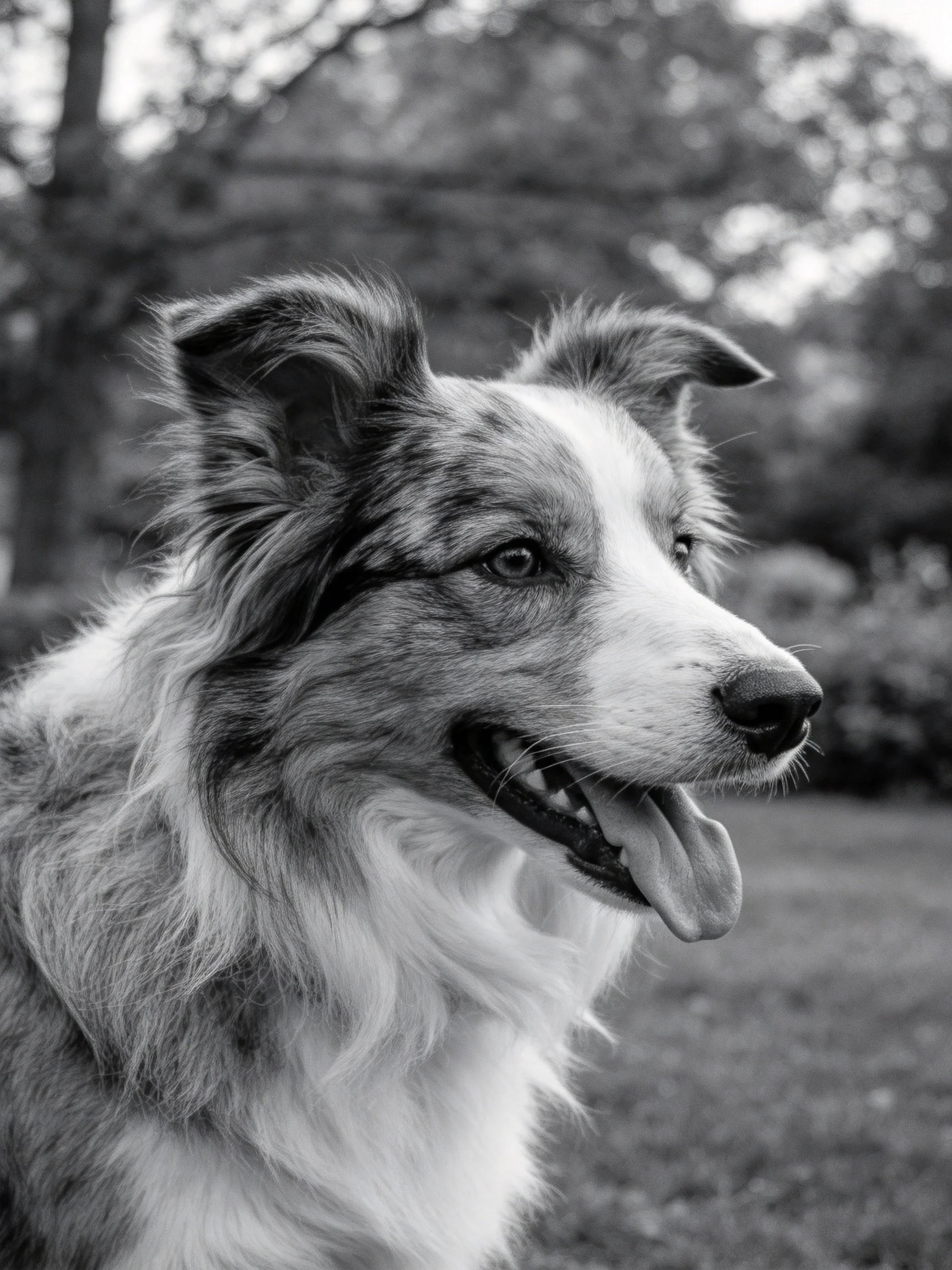 A black and white close-up shows a cheerful collie with an open mouth.