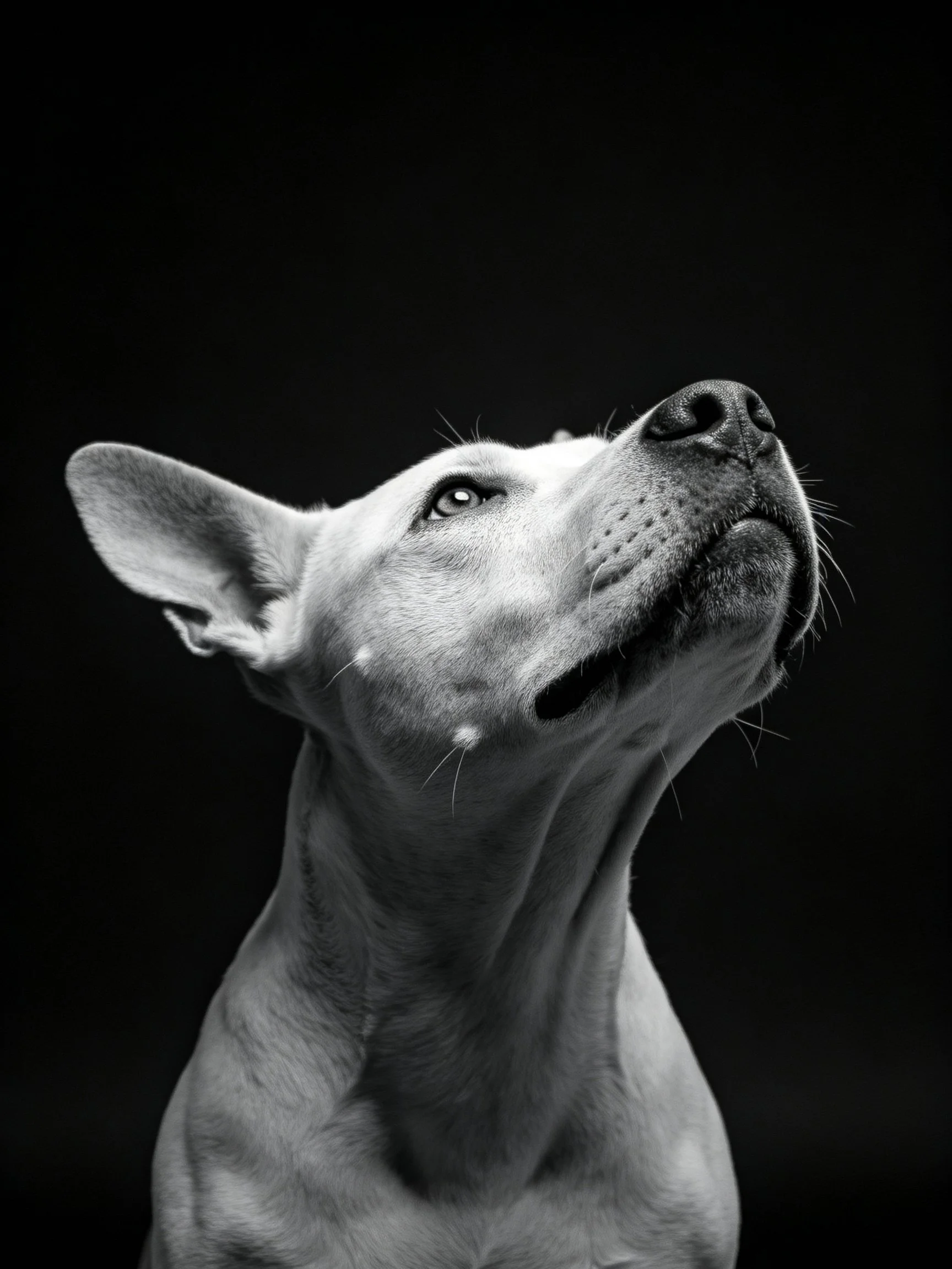 A black and white photograph shows a dog looking upward against a dark background.