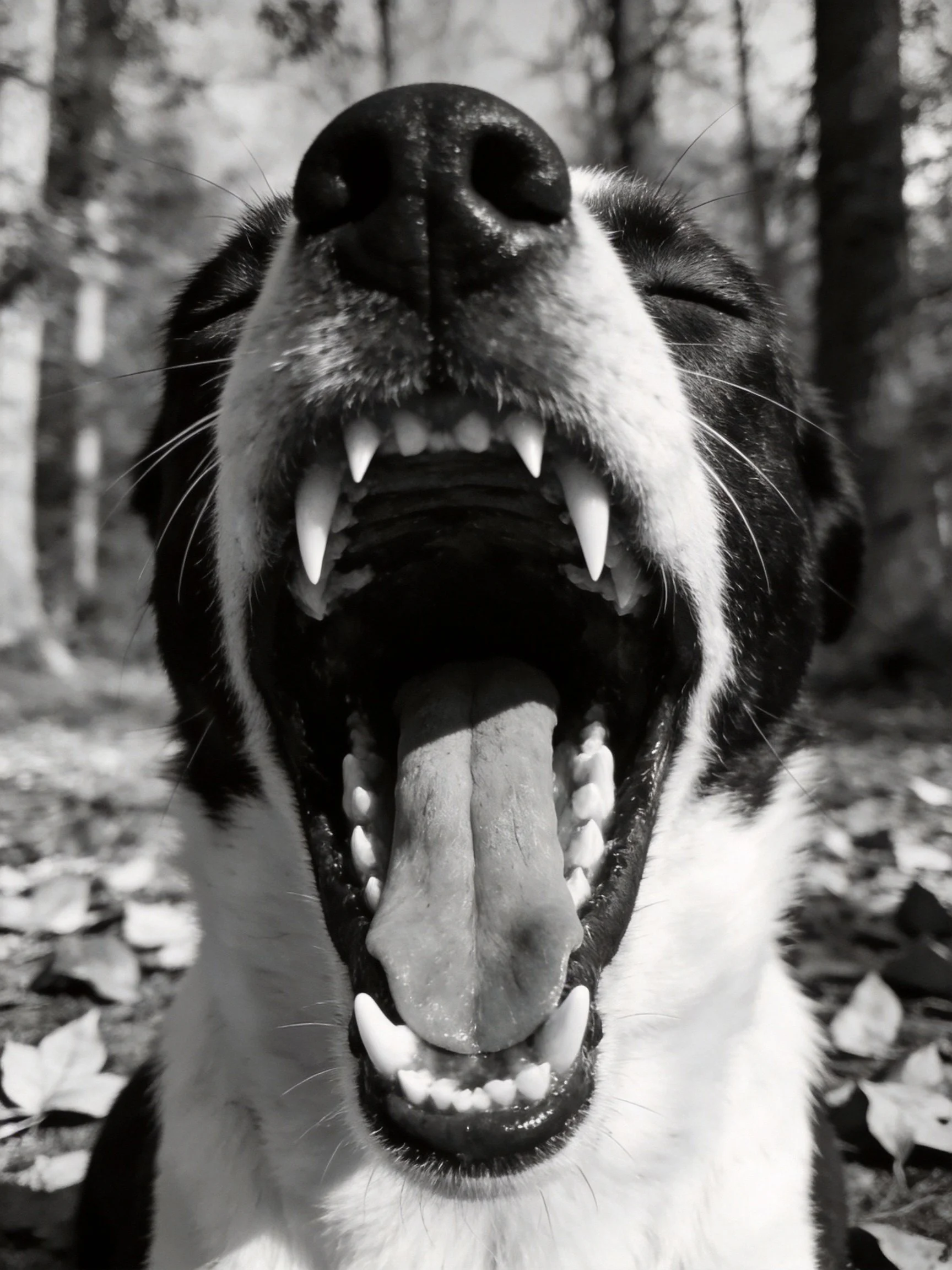 A black and white close - up of a dog yawning outdoors