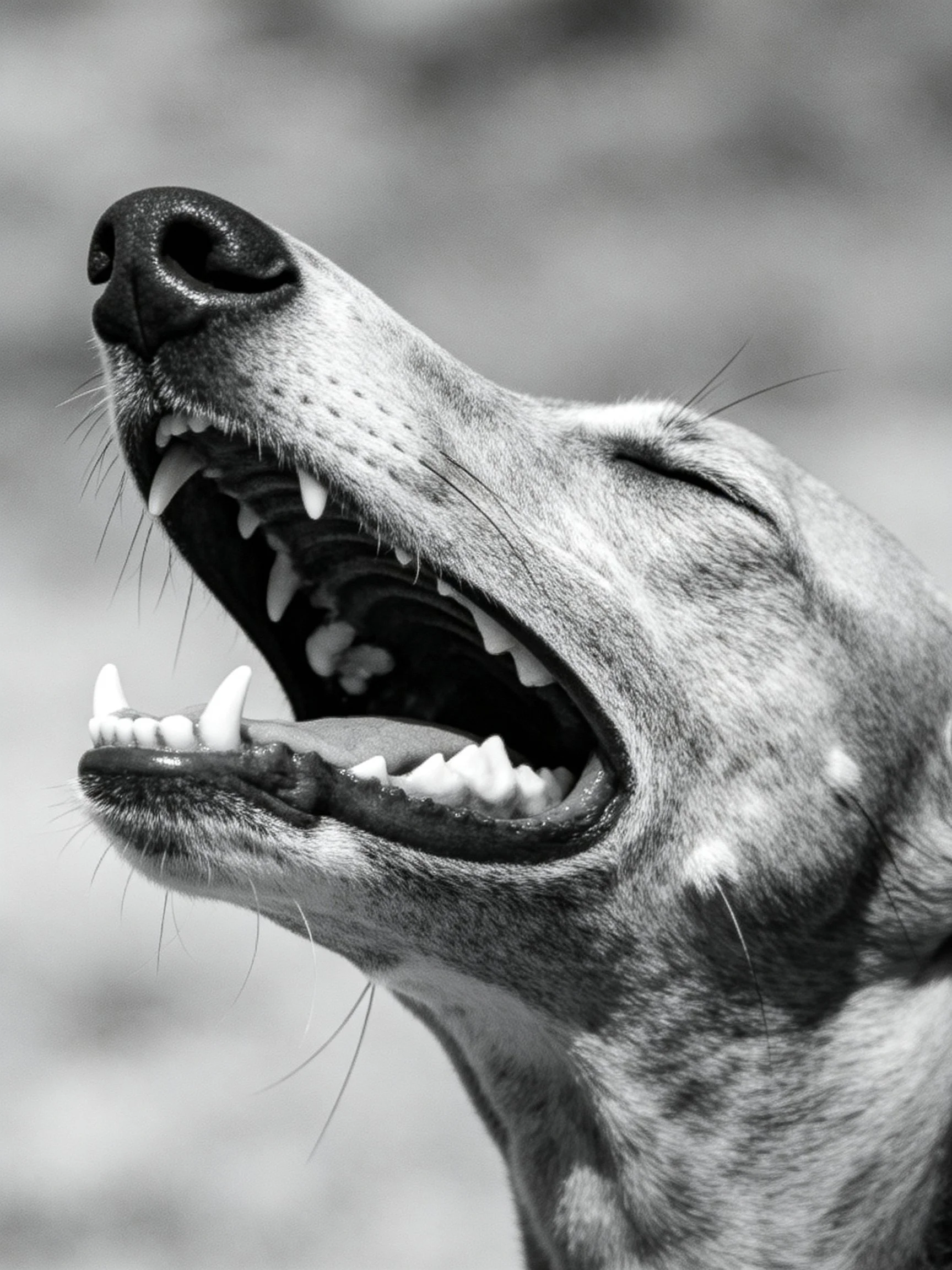 A black-and-white photograph shows a dog yawning with its eyes shut.