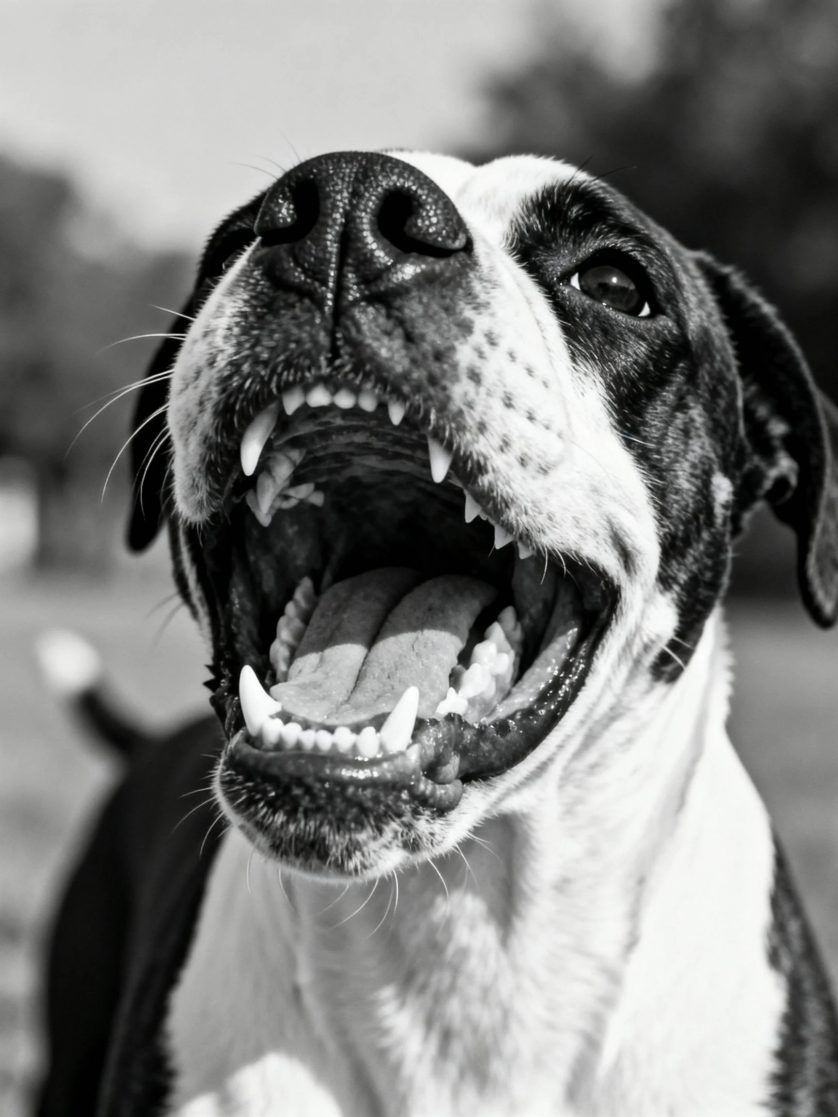 A black and white close-up of a large dog displaying its teeth