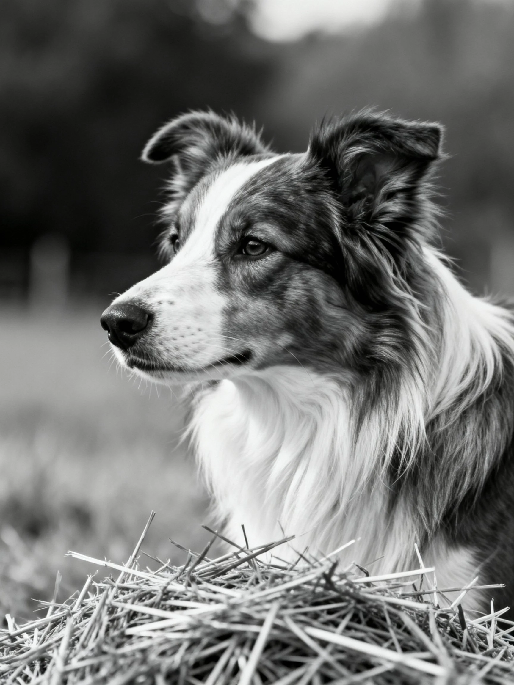 A black - and - white close - up of a long - coated dog by hay