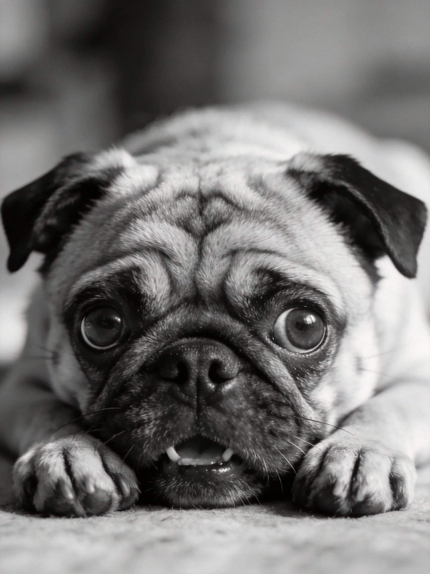 A black - and - white close - up of a pug dog resting
