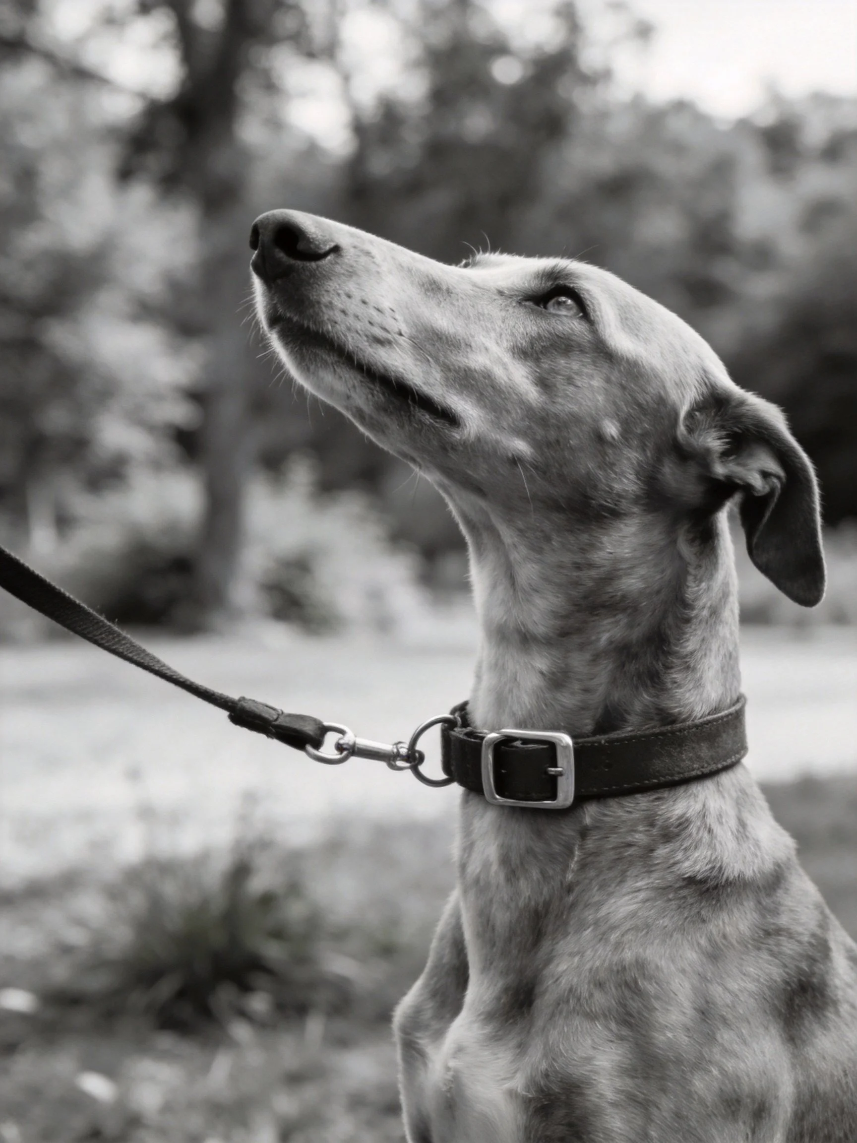 A black - and - white close - up of a slender dog with a collar and leash