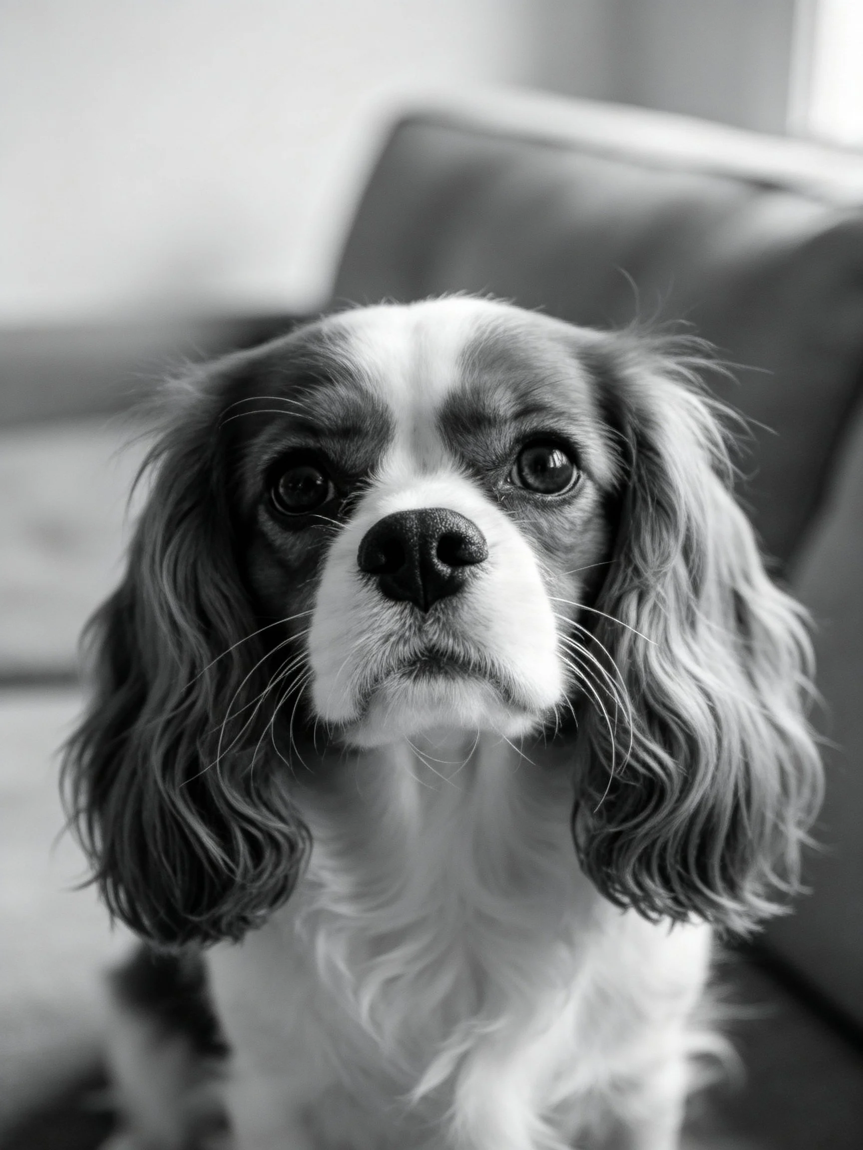 A small dog with long, wavy ears is depicted in a black and white photograph.