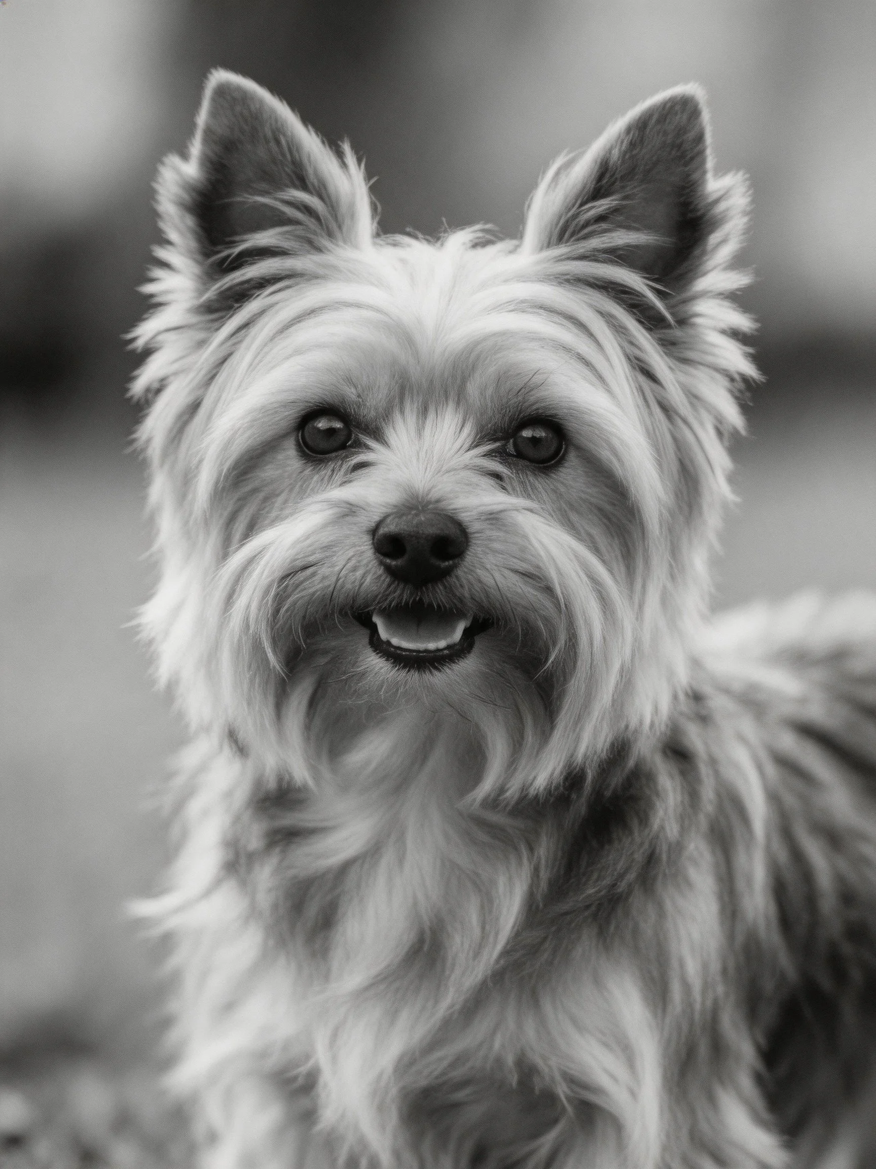 A black-and-white image features a small terrier with shaggy fur gazing toward the viewer.
