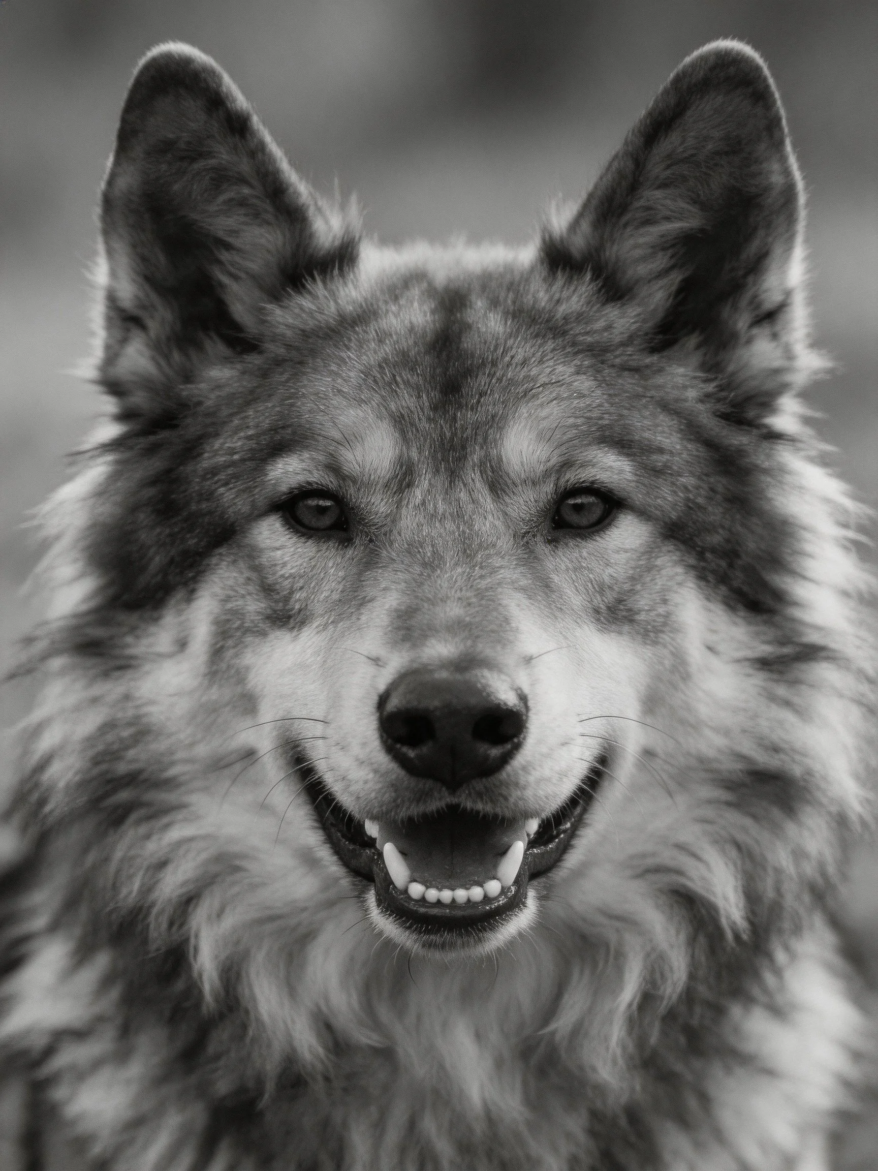 A black - and - white close - up of a smiling wolf with pointed ears