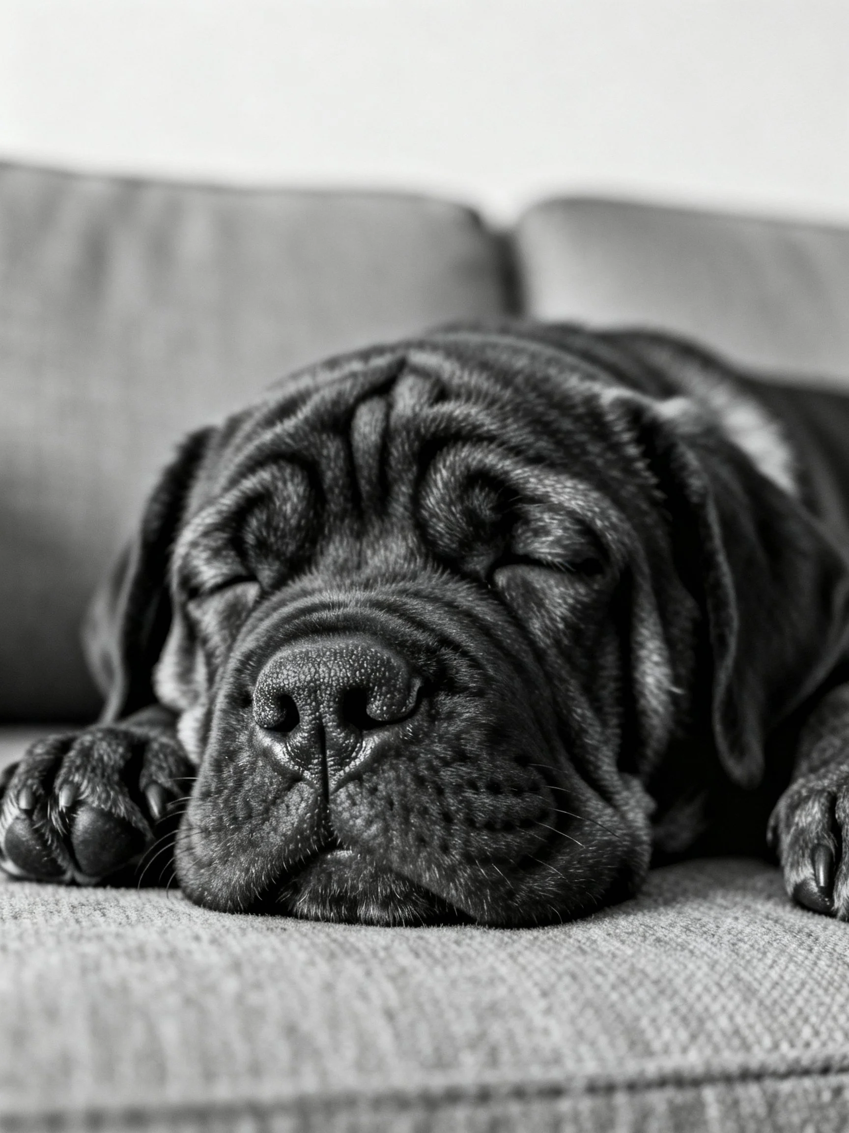 A black and white image shows a wrinkled dog sleeping on a sofa.