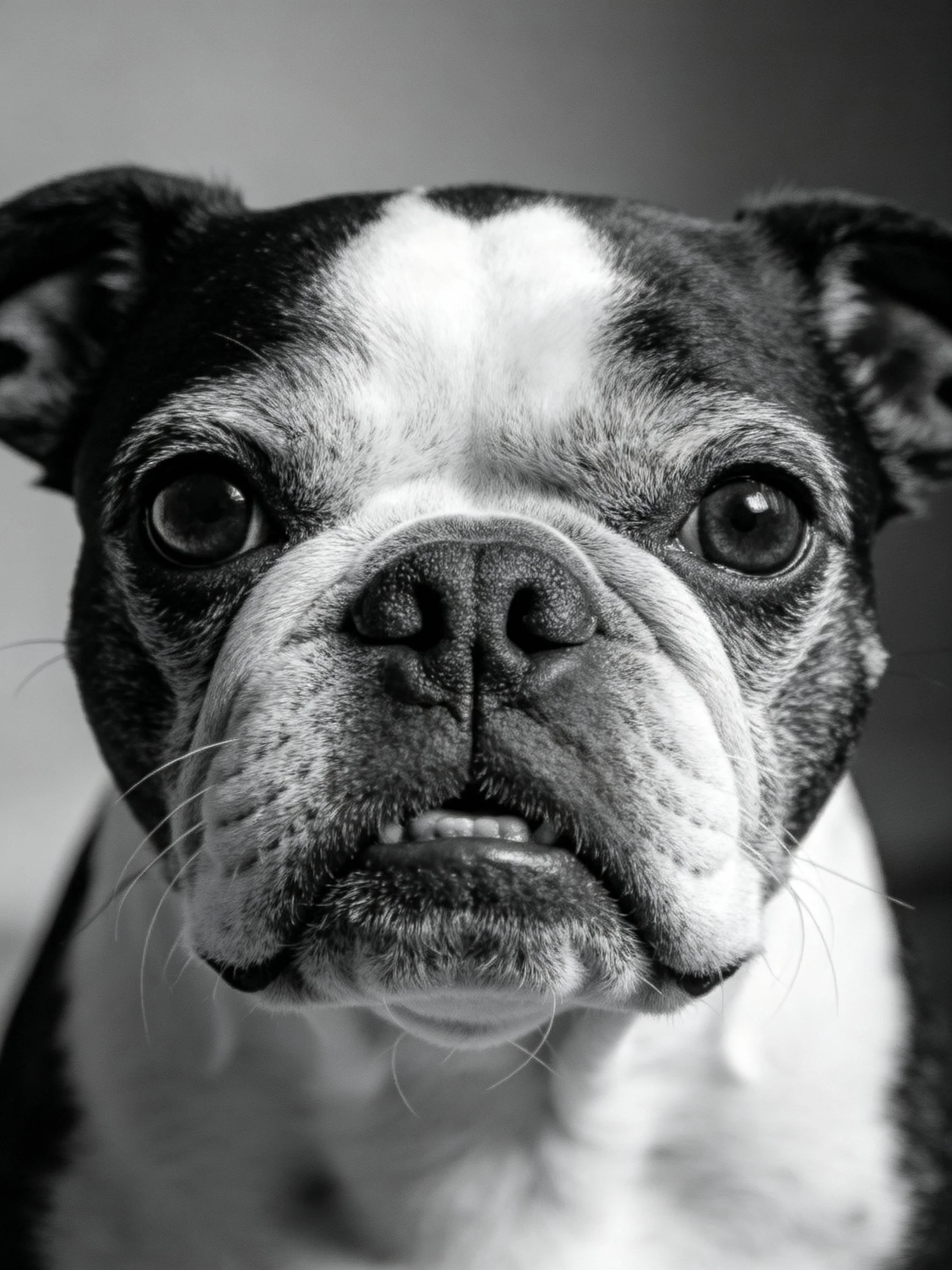 A black and white close - up showcases a Boston Terrier’s expressive face.