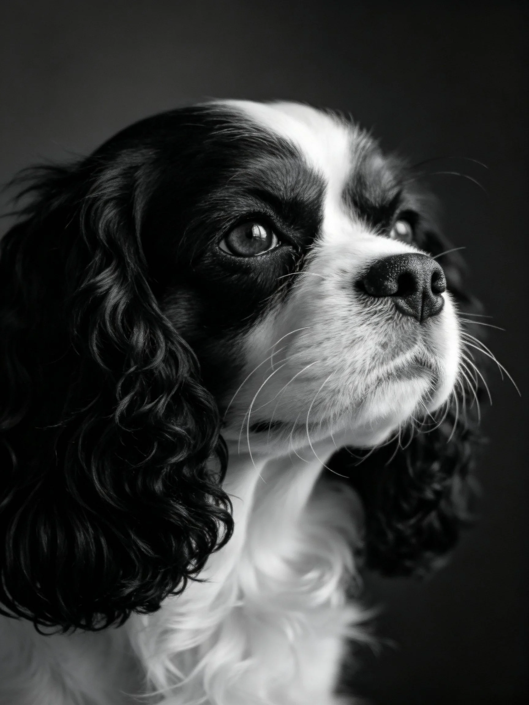 A black and white close - up portrait of a spaniel