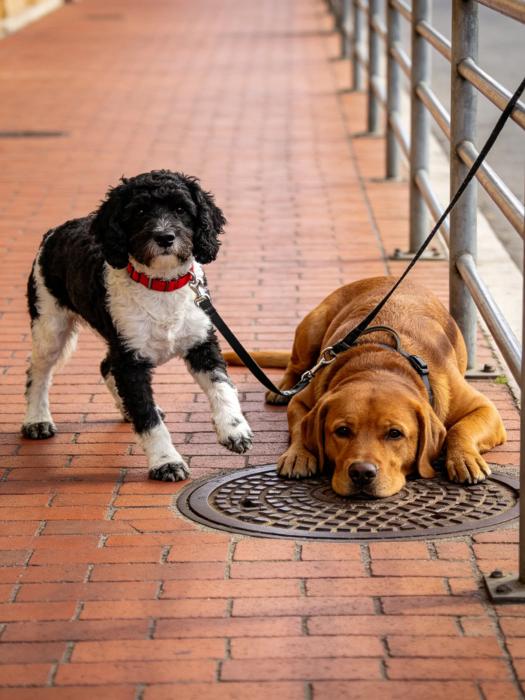 A black and white dog and a brown dog on a brick walkway