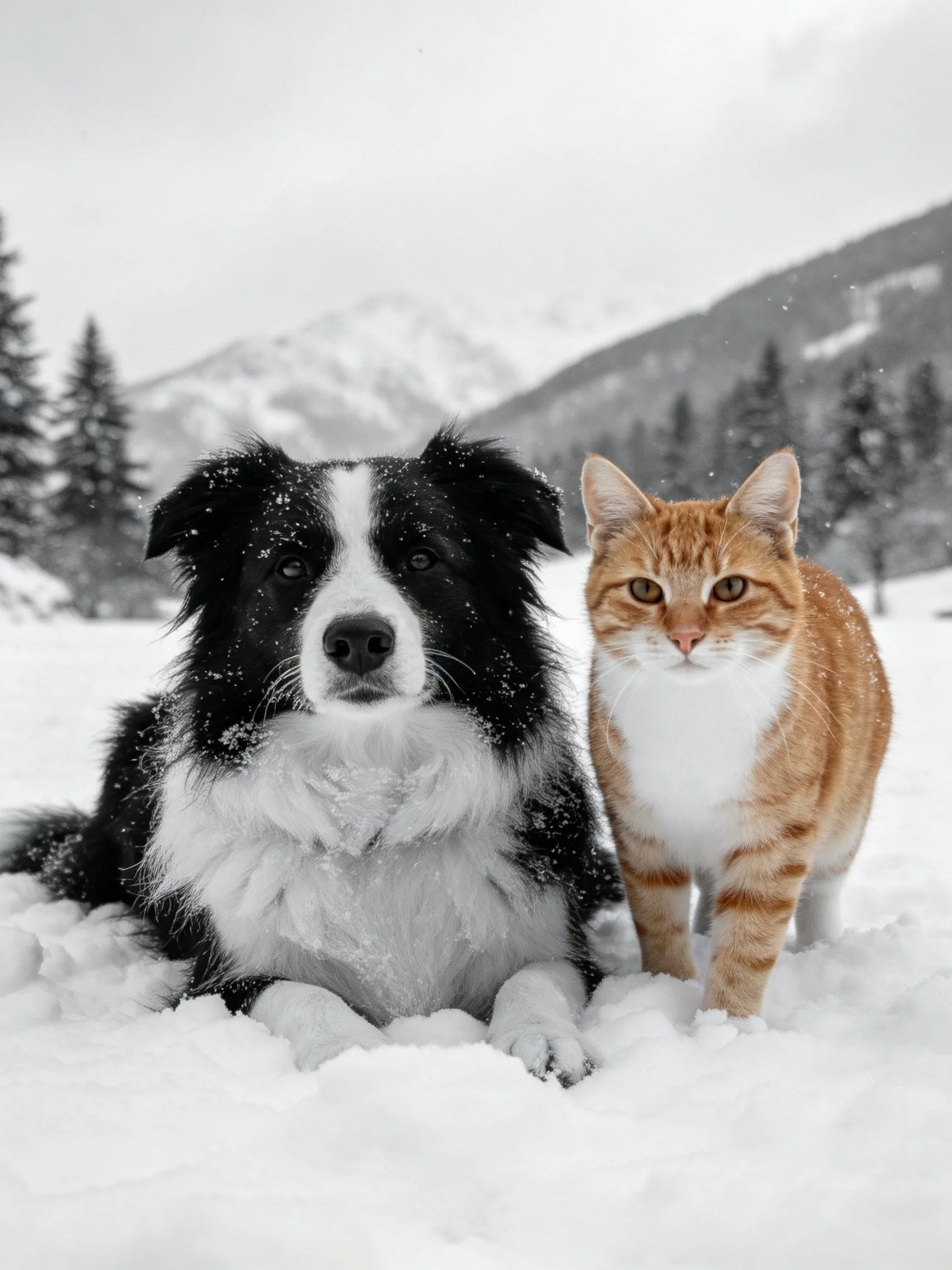 A black-and-white dog and orange tabby cat sit together in a snowy outdoor scene.