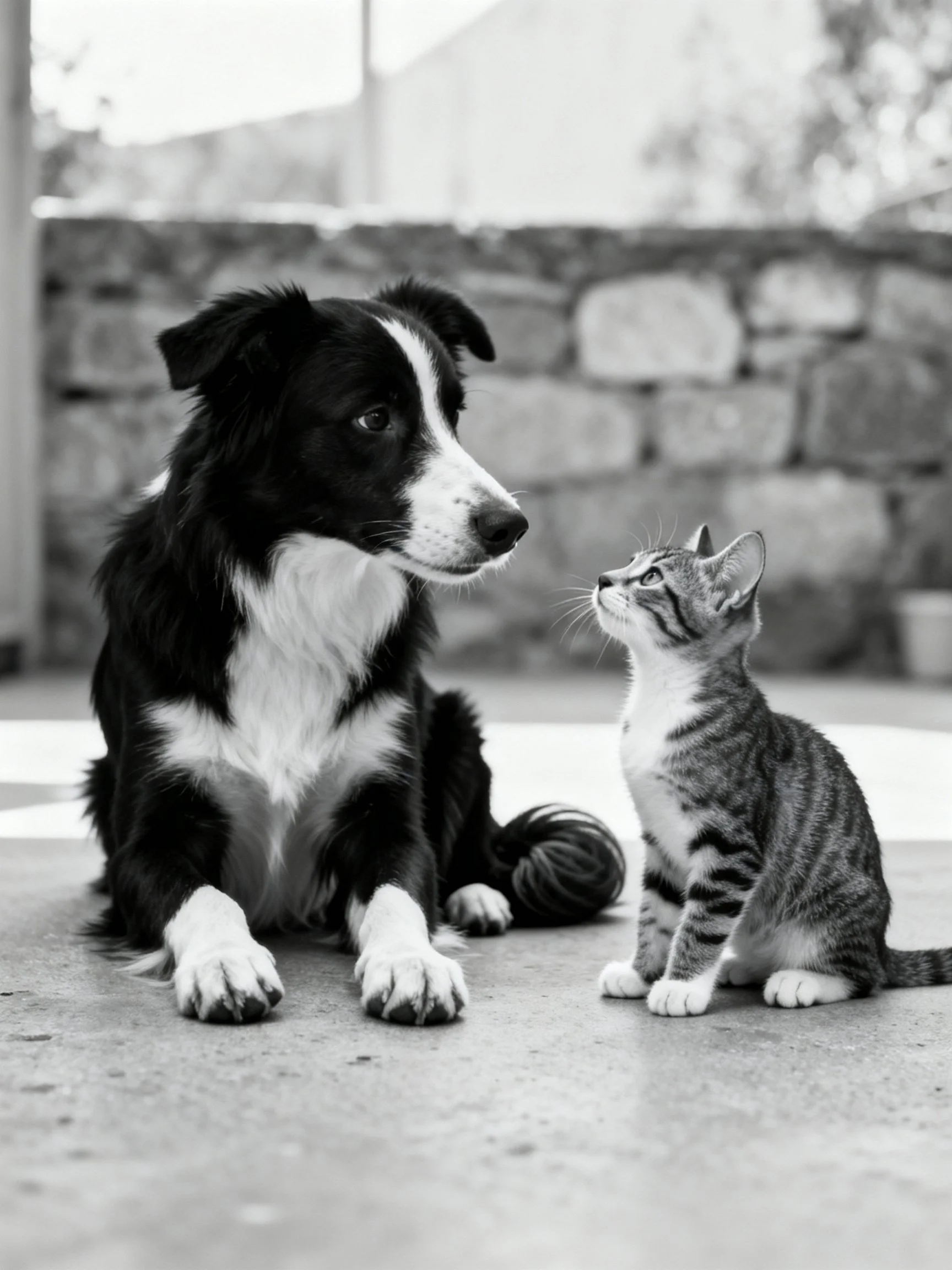 A black and white dog and tabby cat sit together near a stone wall.