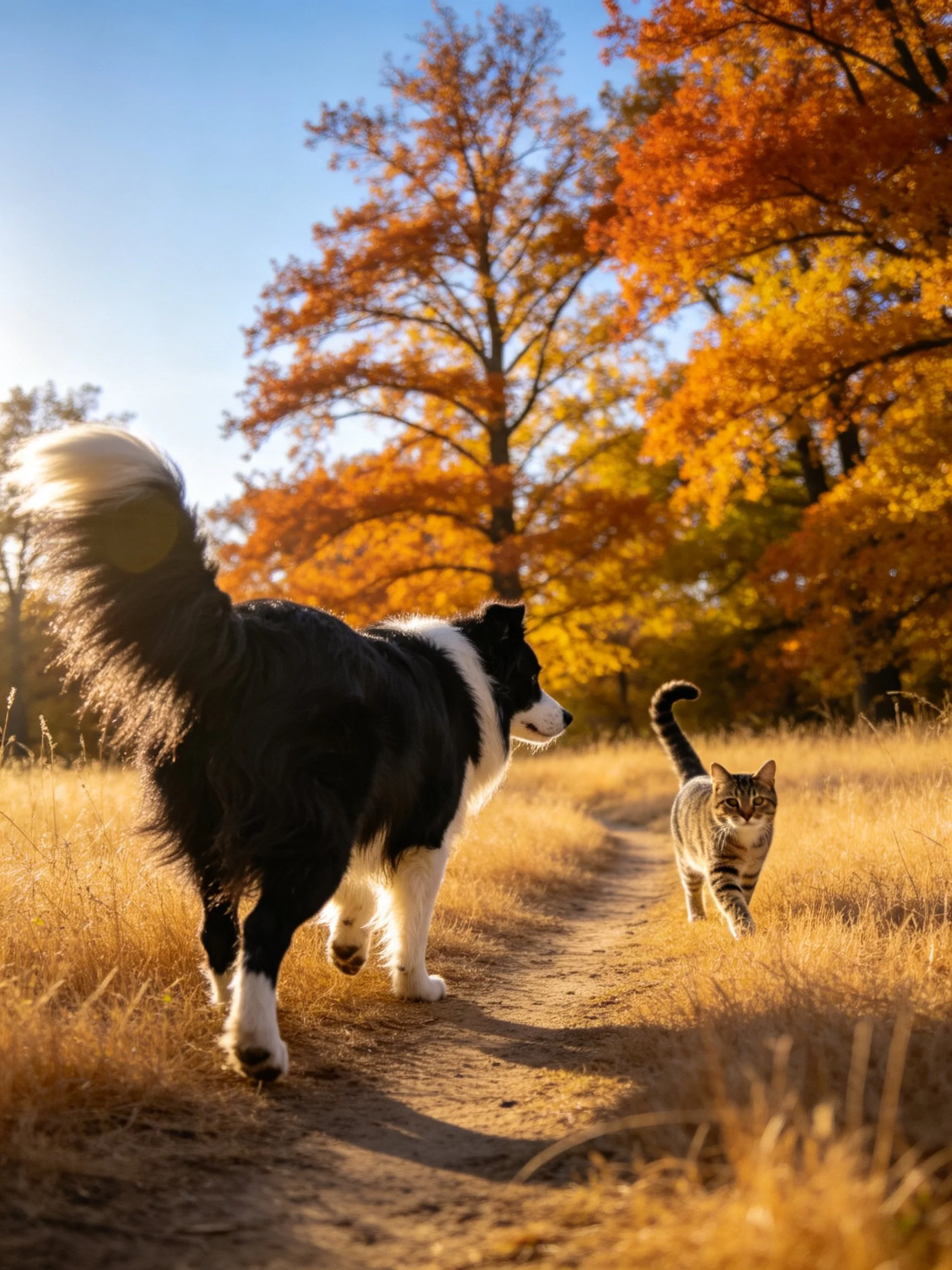 A black-and-white dog and tabby cat walk together on a sunlit autumn path near colorful trees.