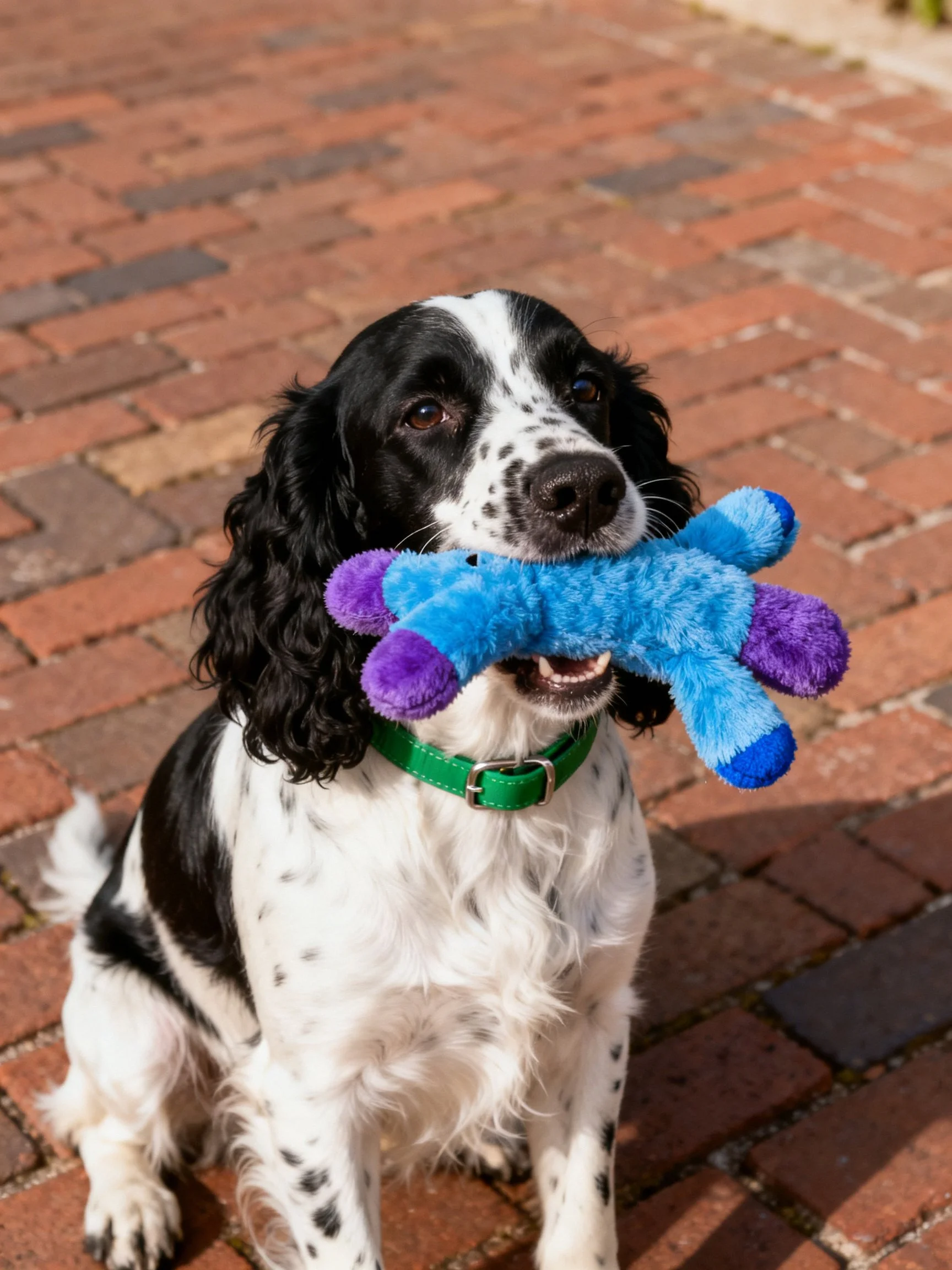 A black and white dog carries a blue-purple plush toy on brick pavement