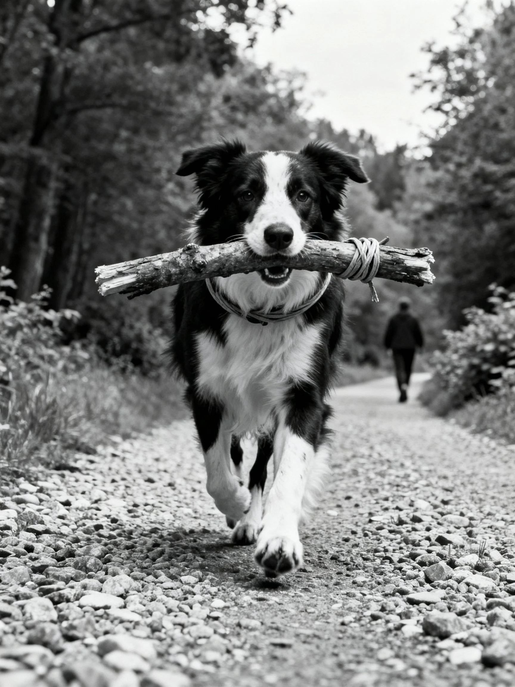 A black and white dog carries a large branch on a gravel path