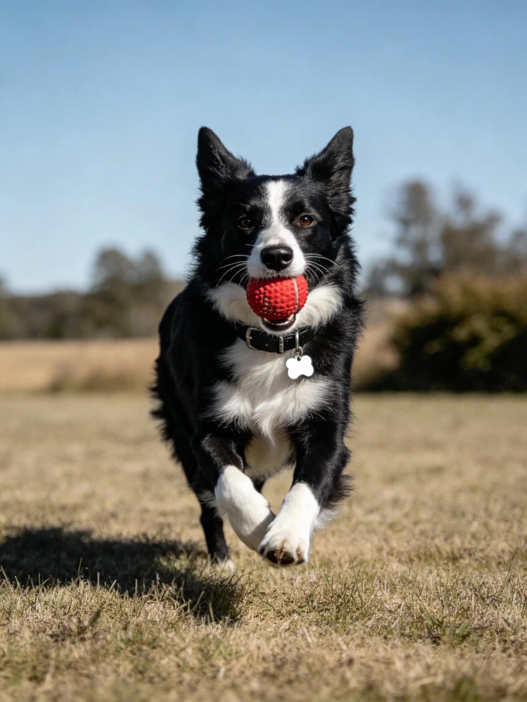 A black and white dog carries a red ball in a sunny field