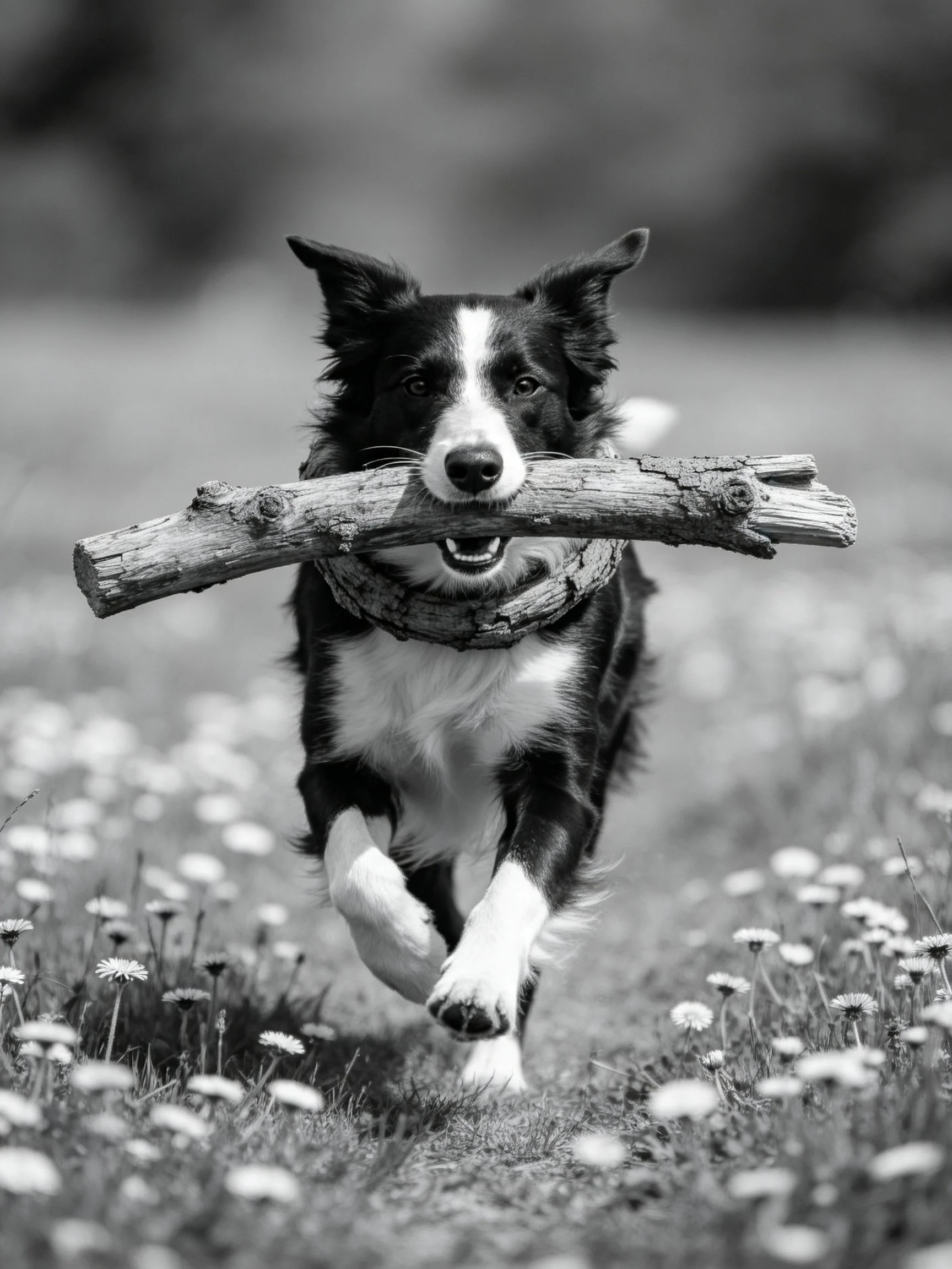 A black and white dog carries a thick log through a flowered meadow