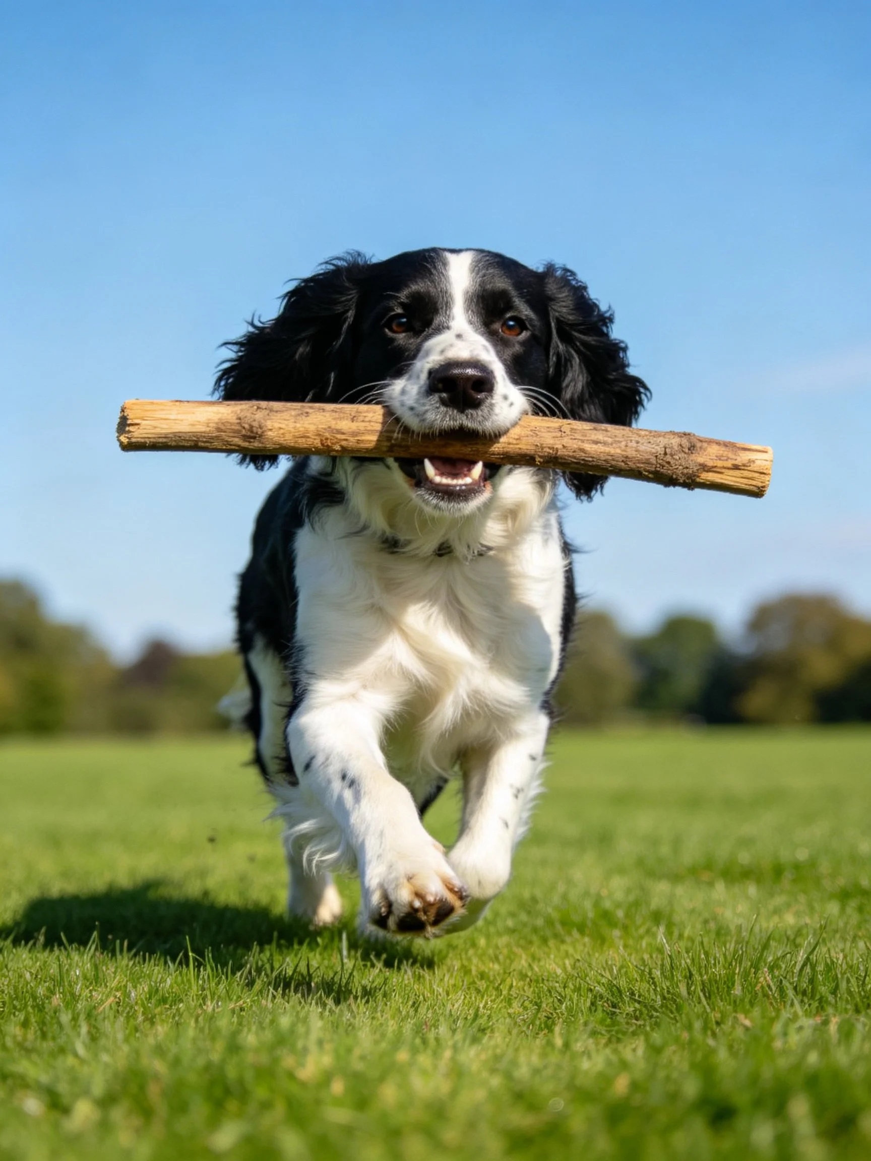 A black and white dog runs with a stick through a sunny grassy field