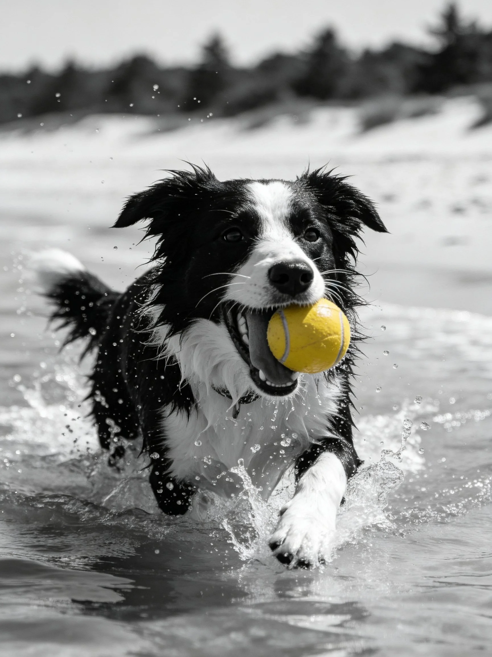A black and white dog runs through water while holding a yellow tennis ball.