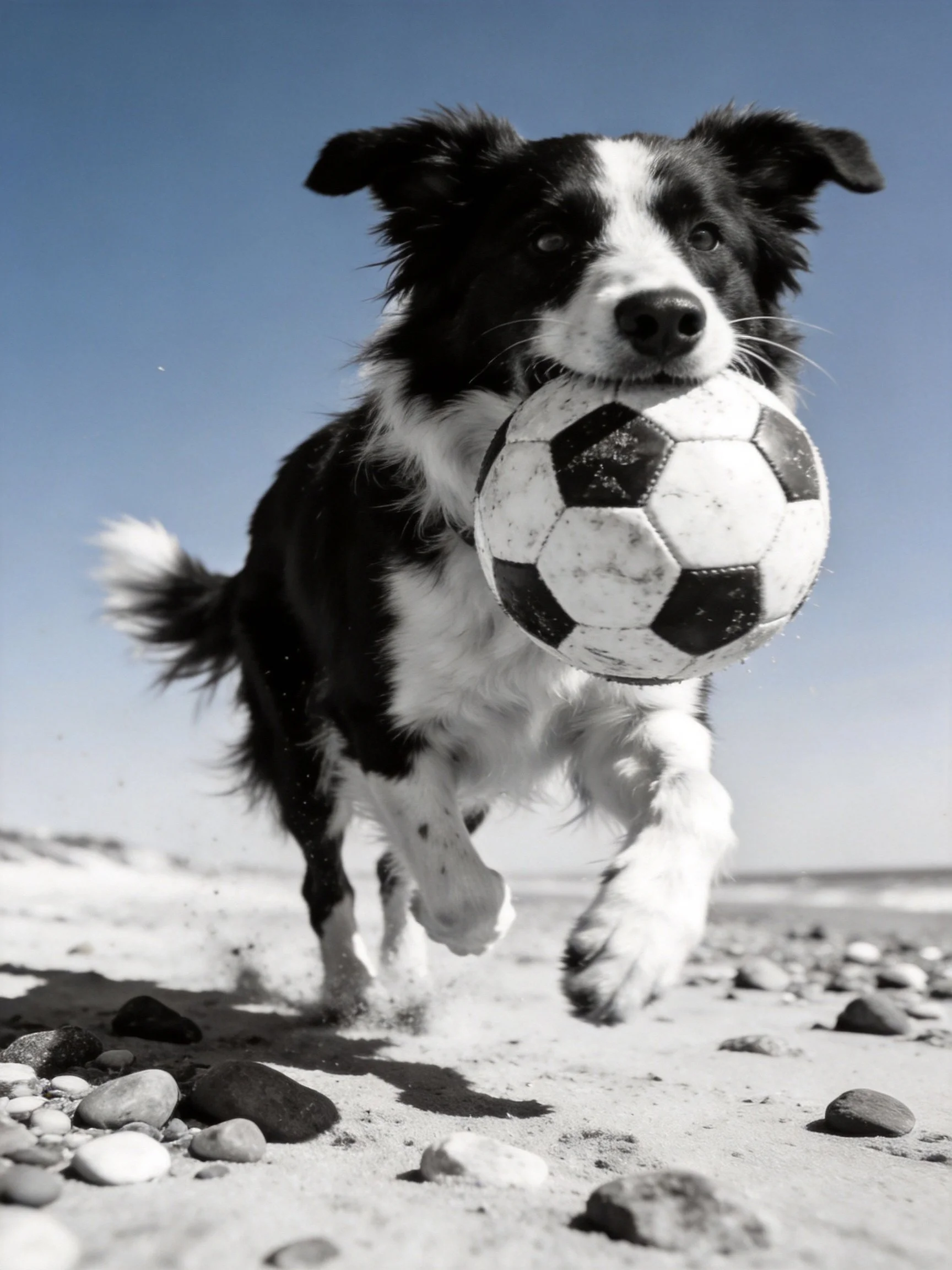 A black and white dog carrying a soccer ball on a rocky beach