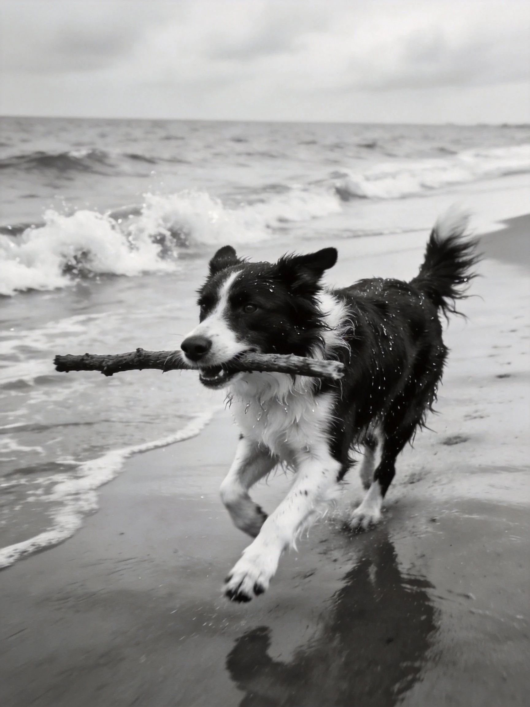 A black and white dog carrying a thick stick on a wet sandy beach