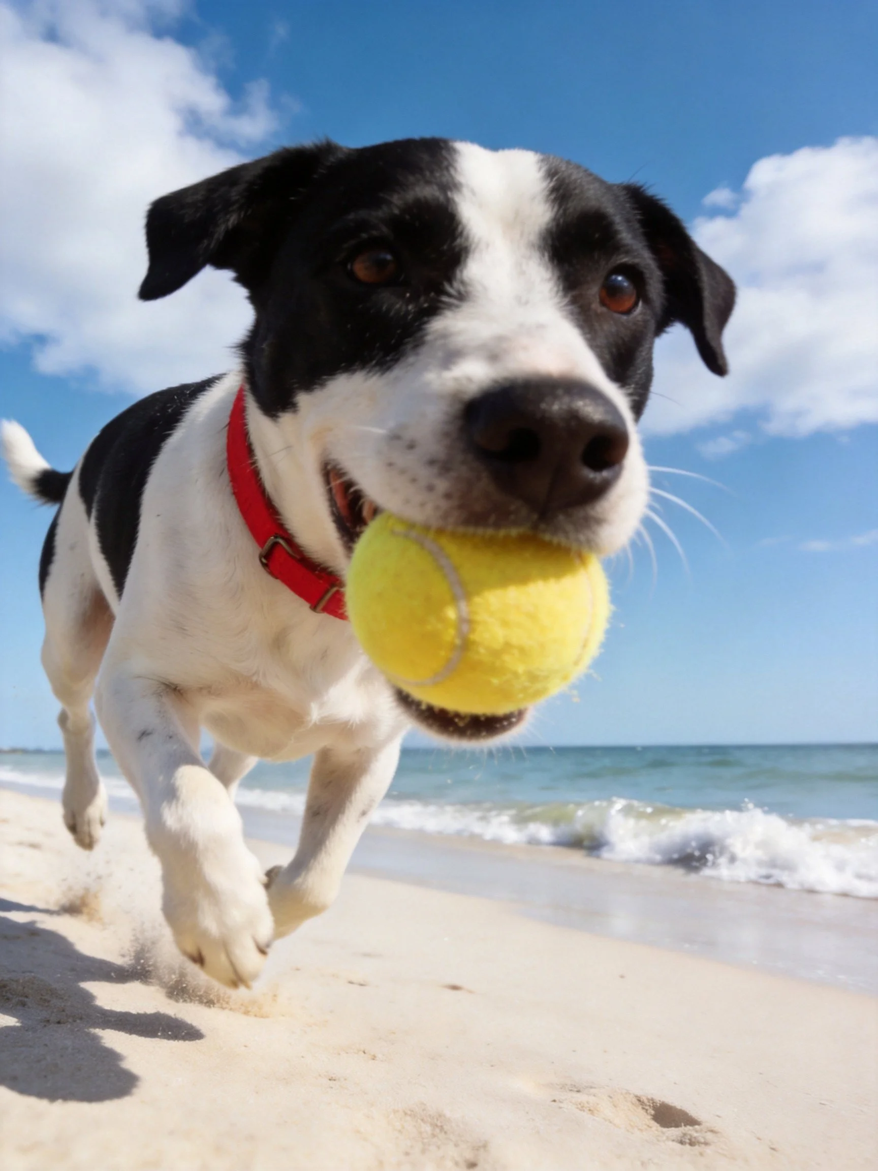 A black - and - white dog carrying a yellow tennis ball on a sandy beach