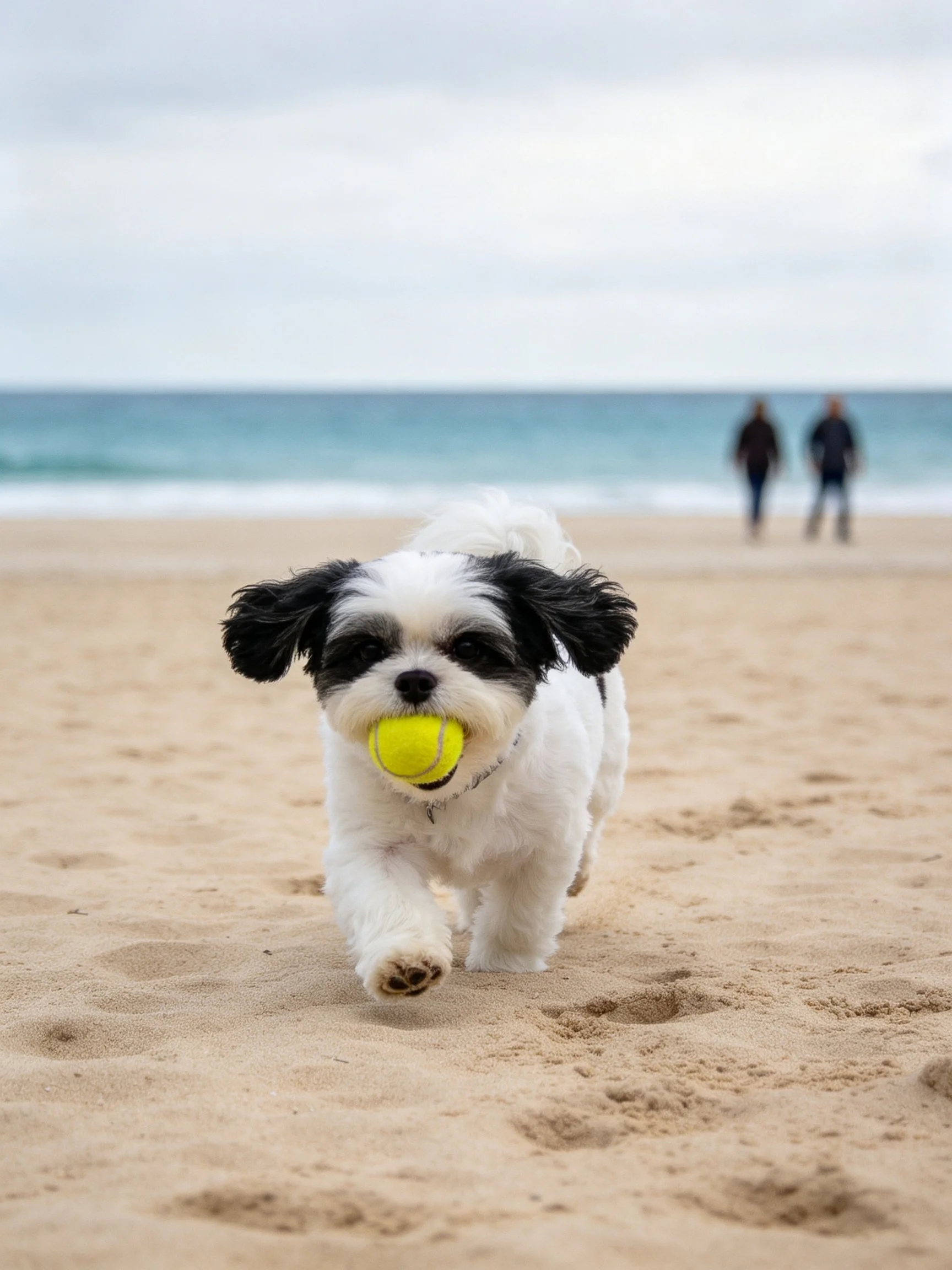 A small dog runs along a sandy beach with a tennis ball in its mouth.