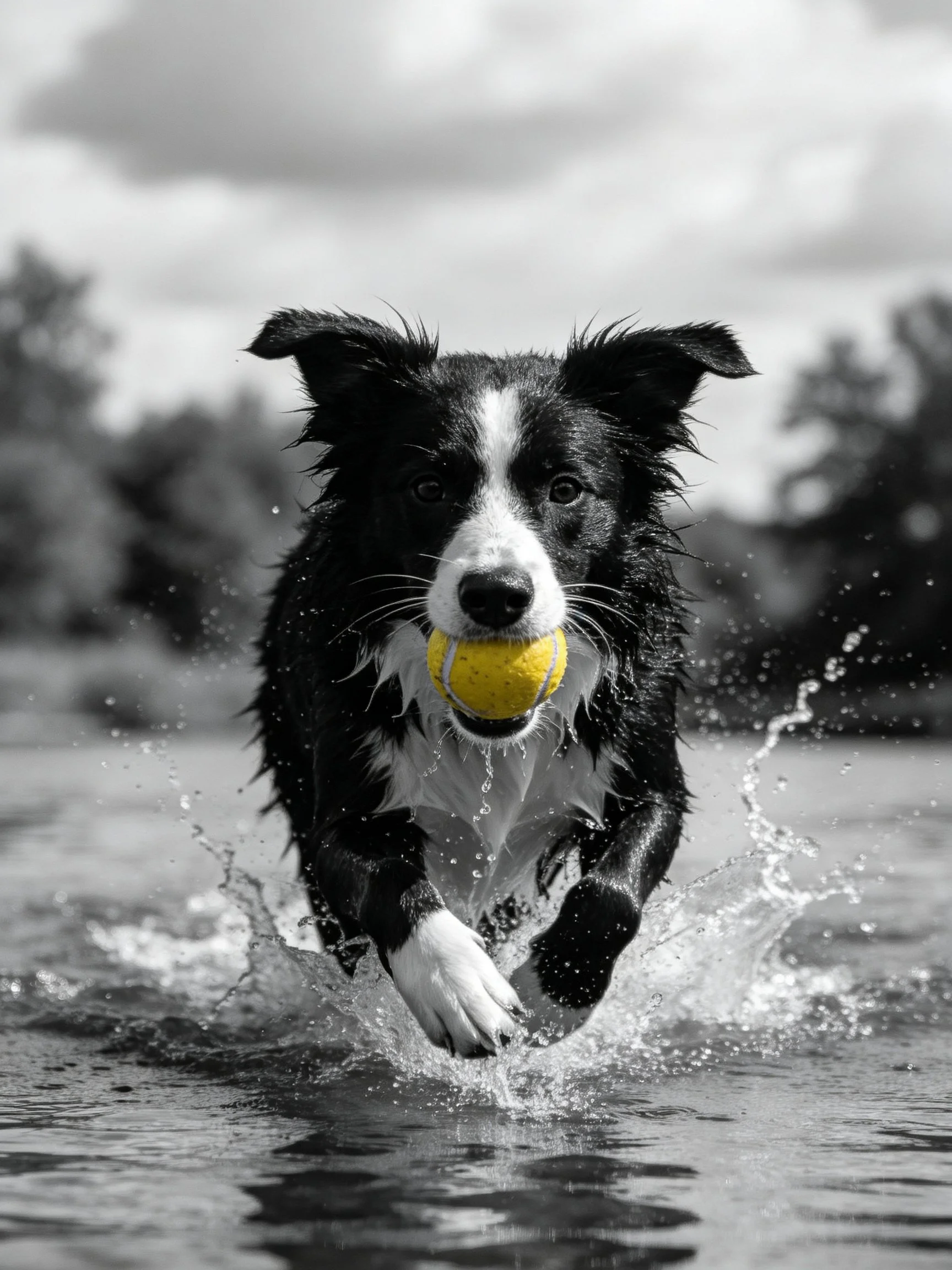 A black and white dog runs through water holding a yellow tennis ball.