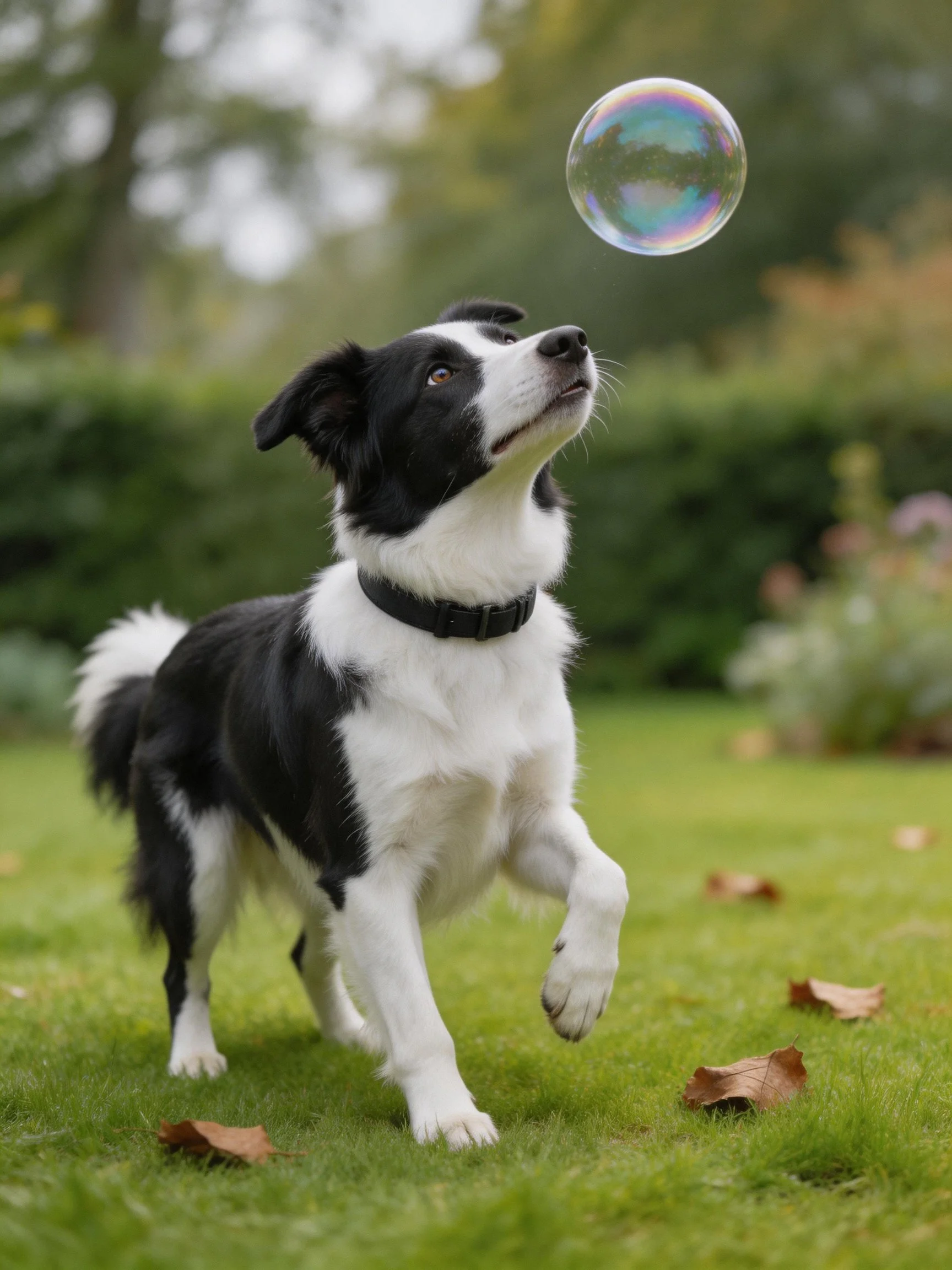 A black and white dog chasing an iridescent bubble in a green garden