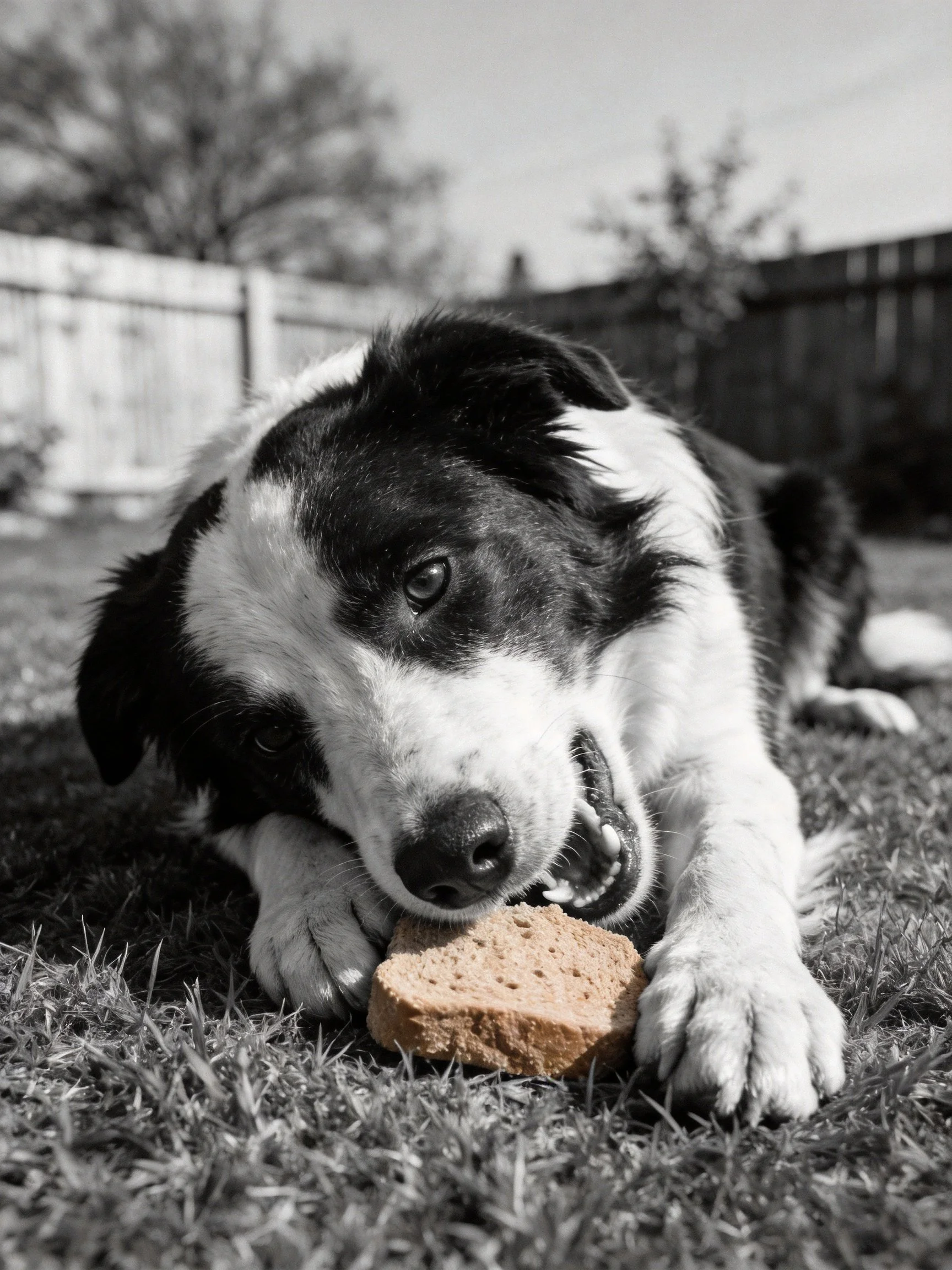 A black and white dog chewing bread on grass outdoors