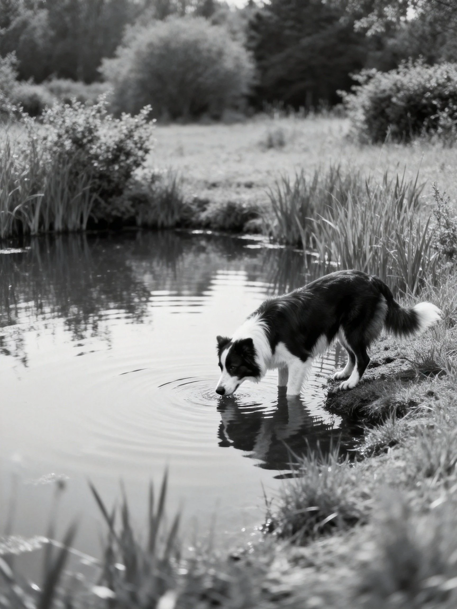 A black and white dog drinks from a pond near tall grasses