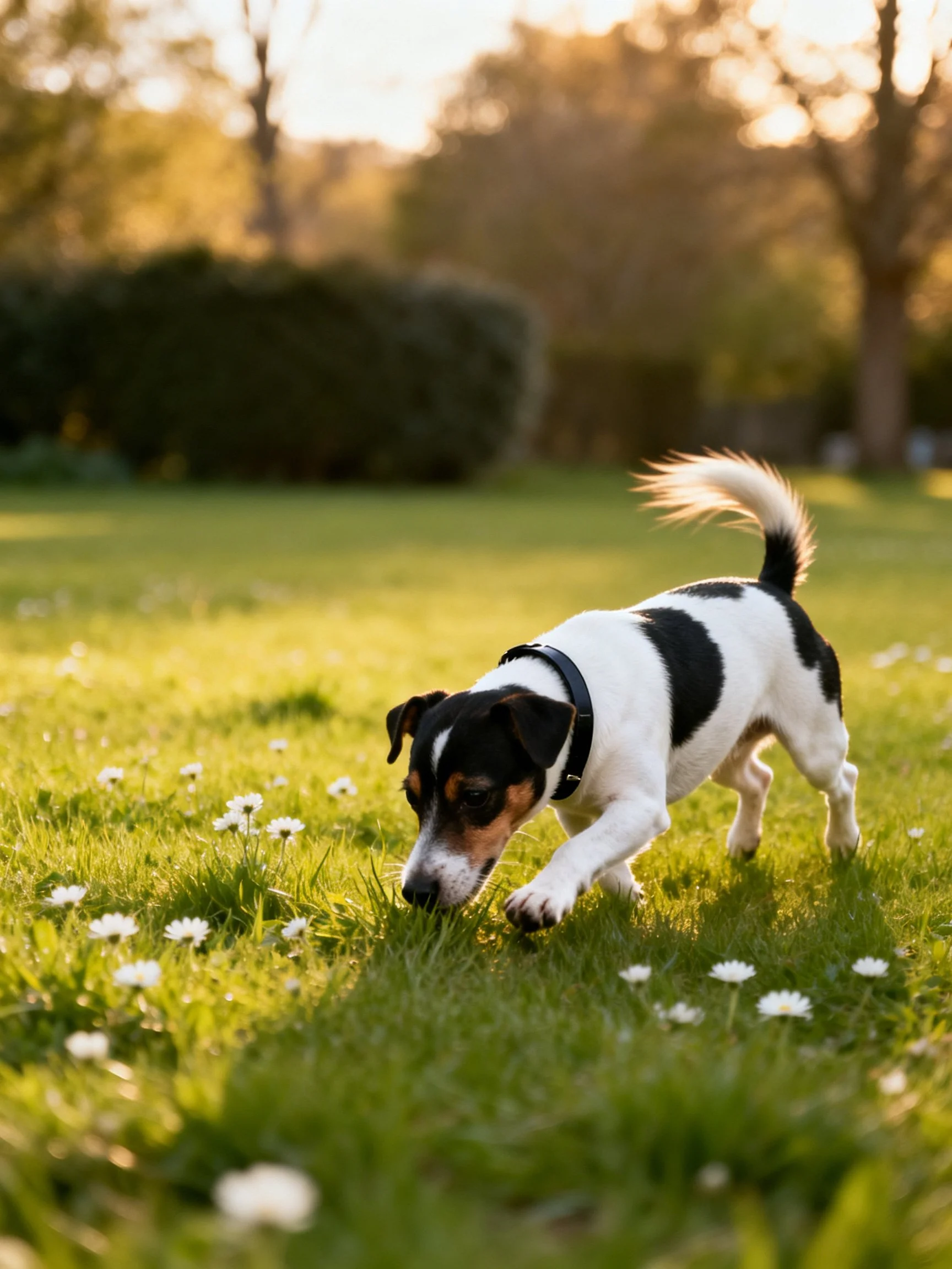 A small black-and-white dog sniffs flowers in a sunlit grassy field.