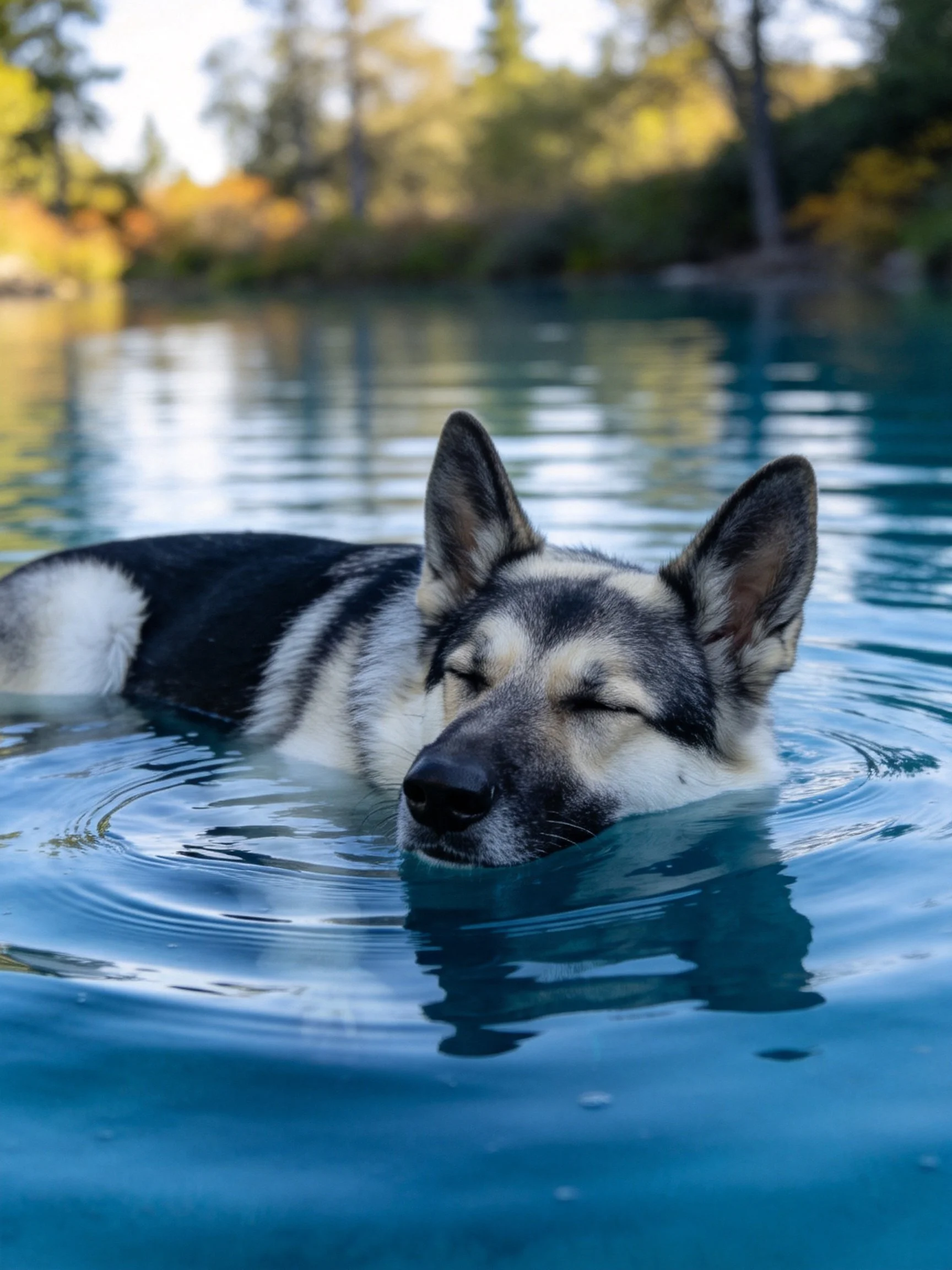 A black and white dog relaxes in clear blue water amid natural surroundings.