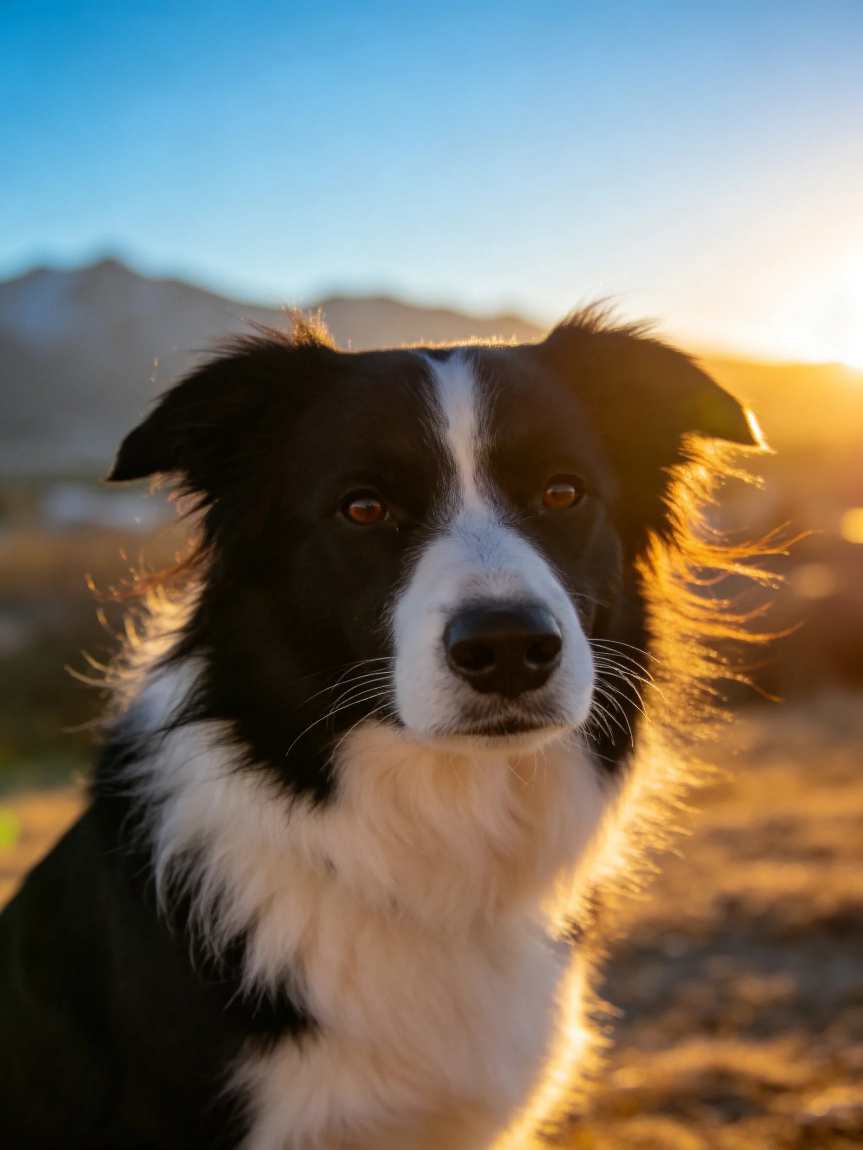 A black and white dog gazes serenely at golden hour light