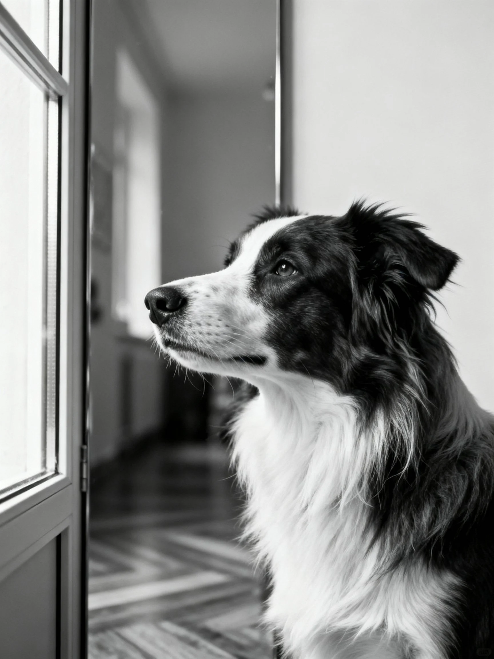 A black and white dog gazes thoughtfully near an open door