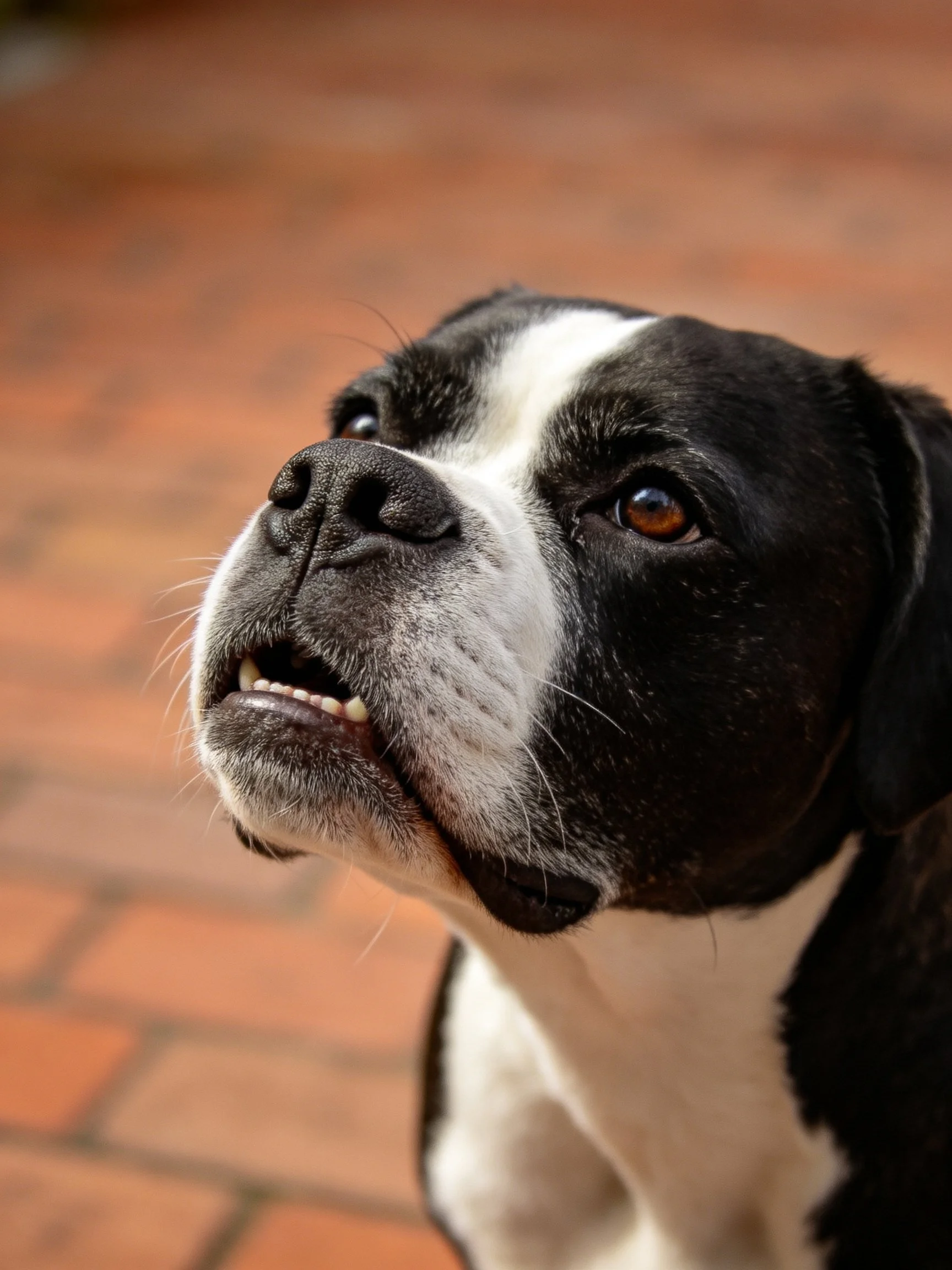 A black and white dog looks upward against a blurred reddish-brown brick background.