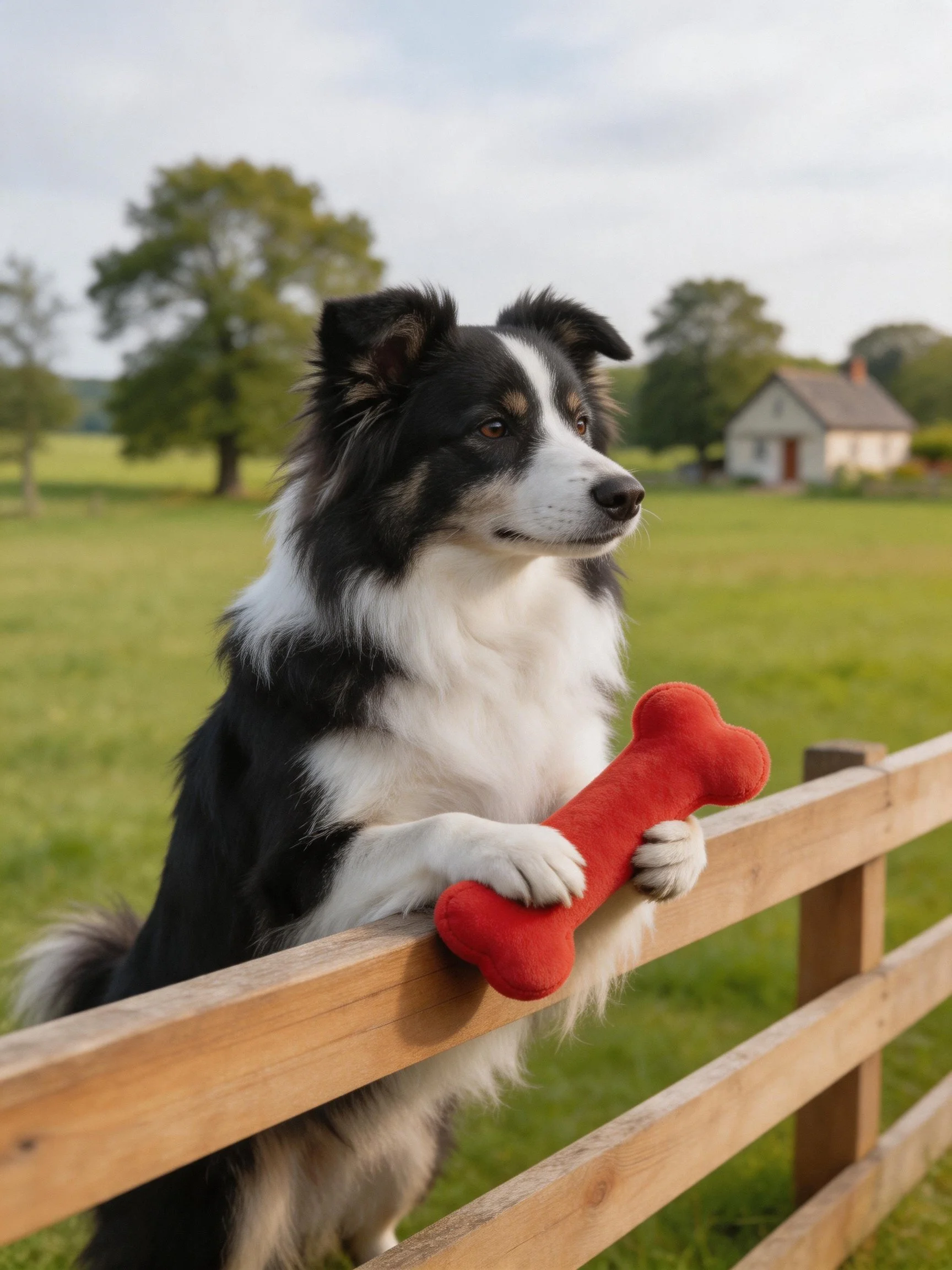 A black and white dog holds a bright red plush bone near a wooden fence