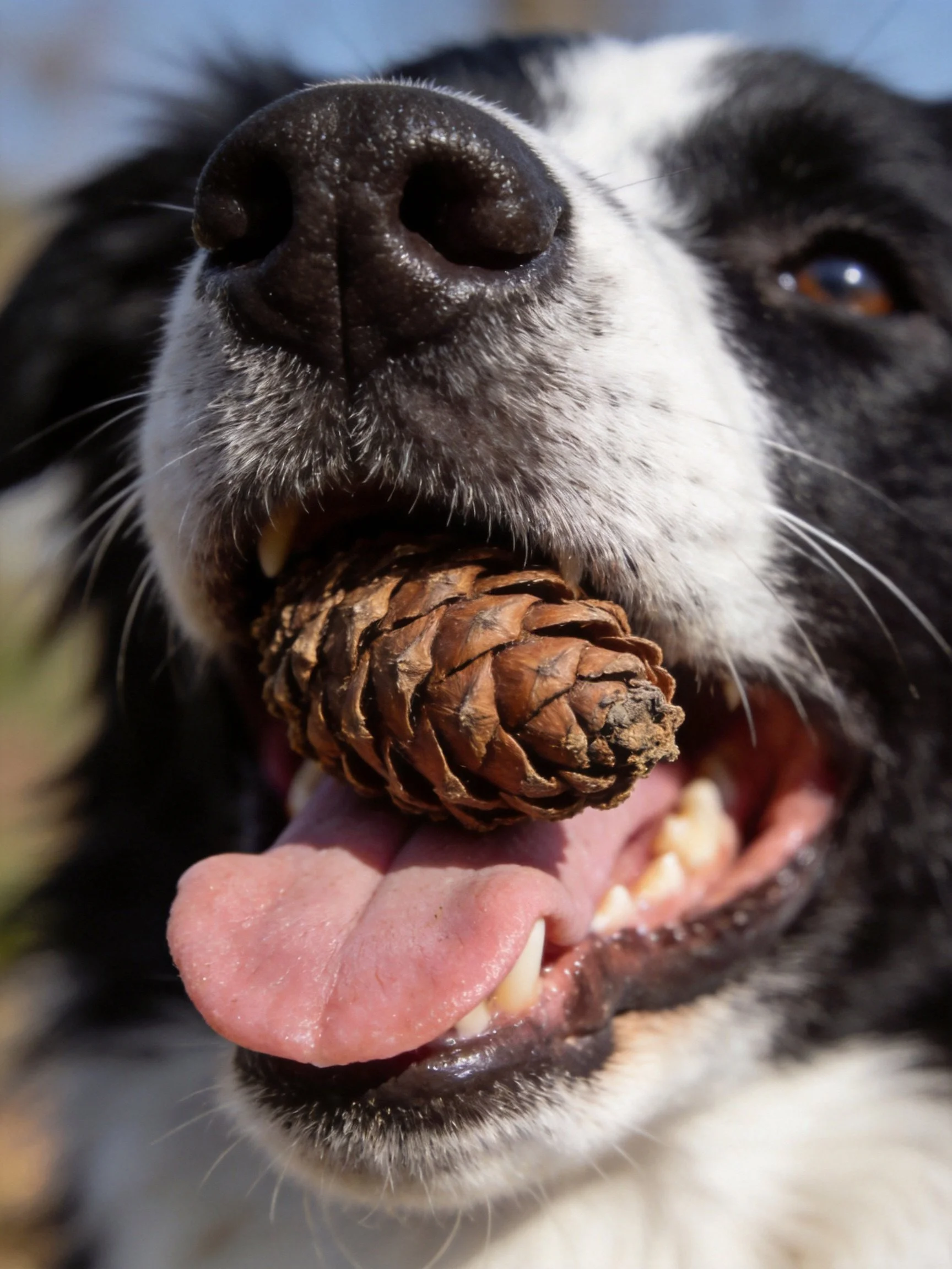 A black and white dog carries a pine cone in its mouth outdoors
