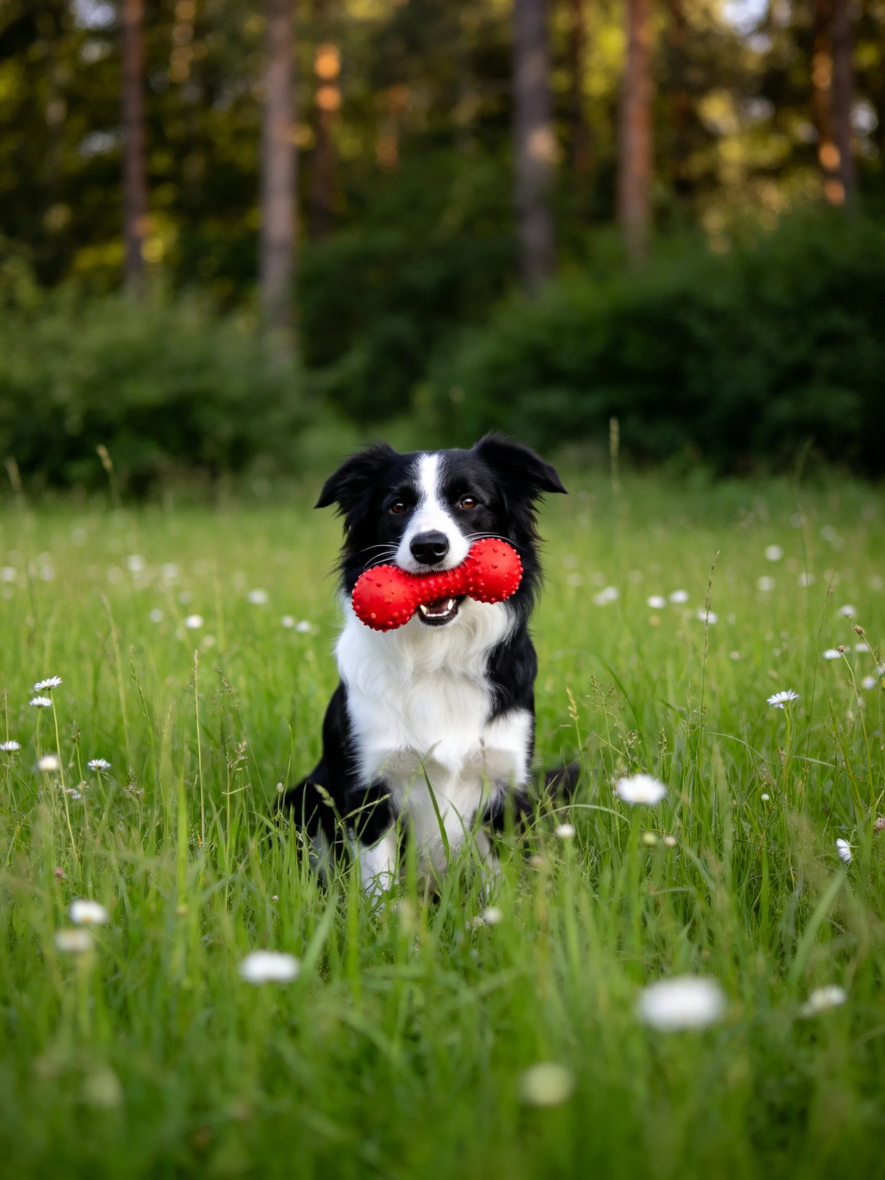 A black and white dog sits in tall grass with a red toy.