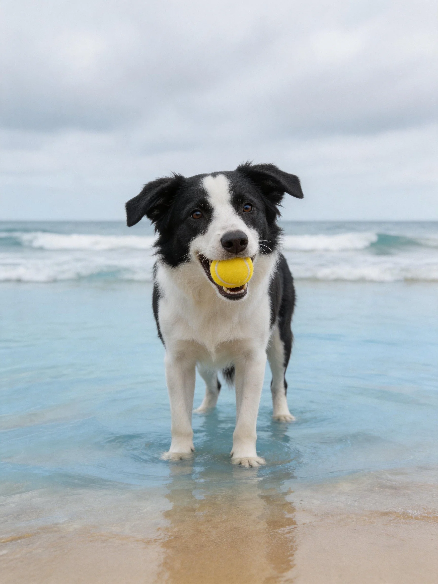 A black and white dog holds a yellow tennis ball on a sandy beach