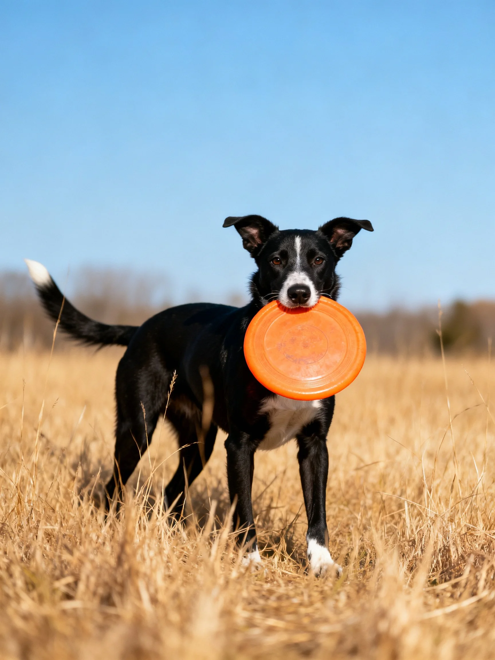A black and white dog holds an orange frisbee in a dry grassy field.